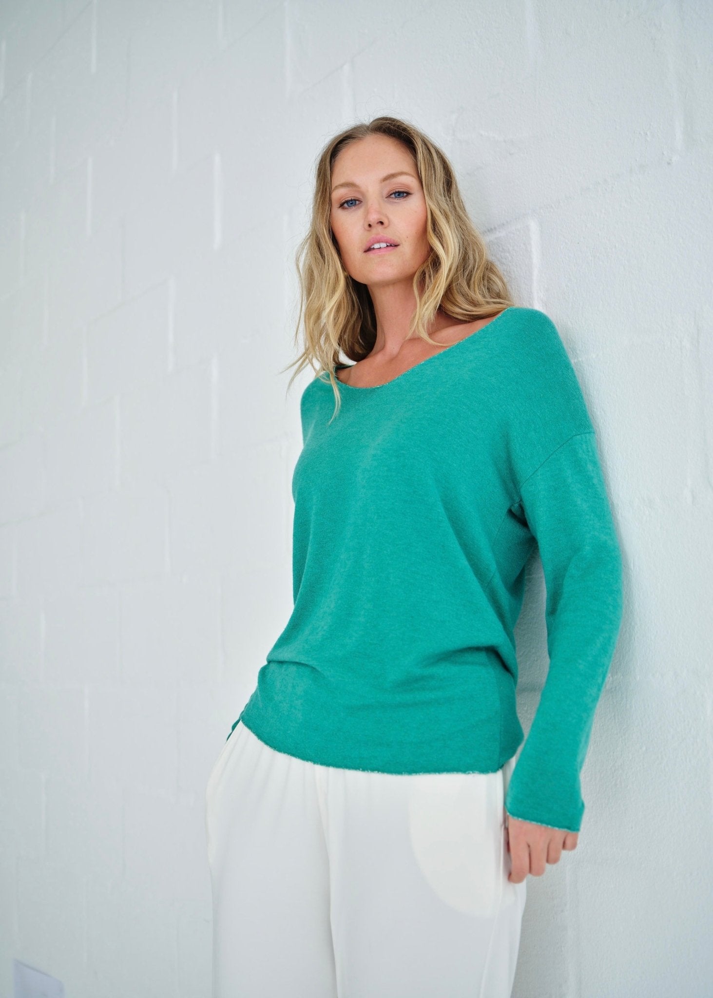View our Italian Shimmer Edged V Neck Knit In Aqua Teal - by Tribute Store