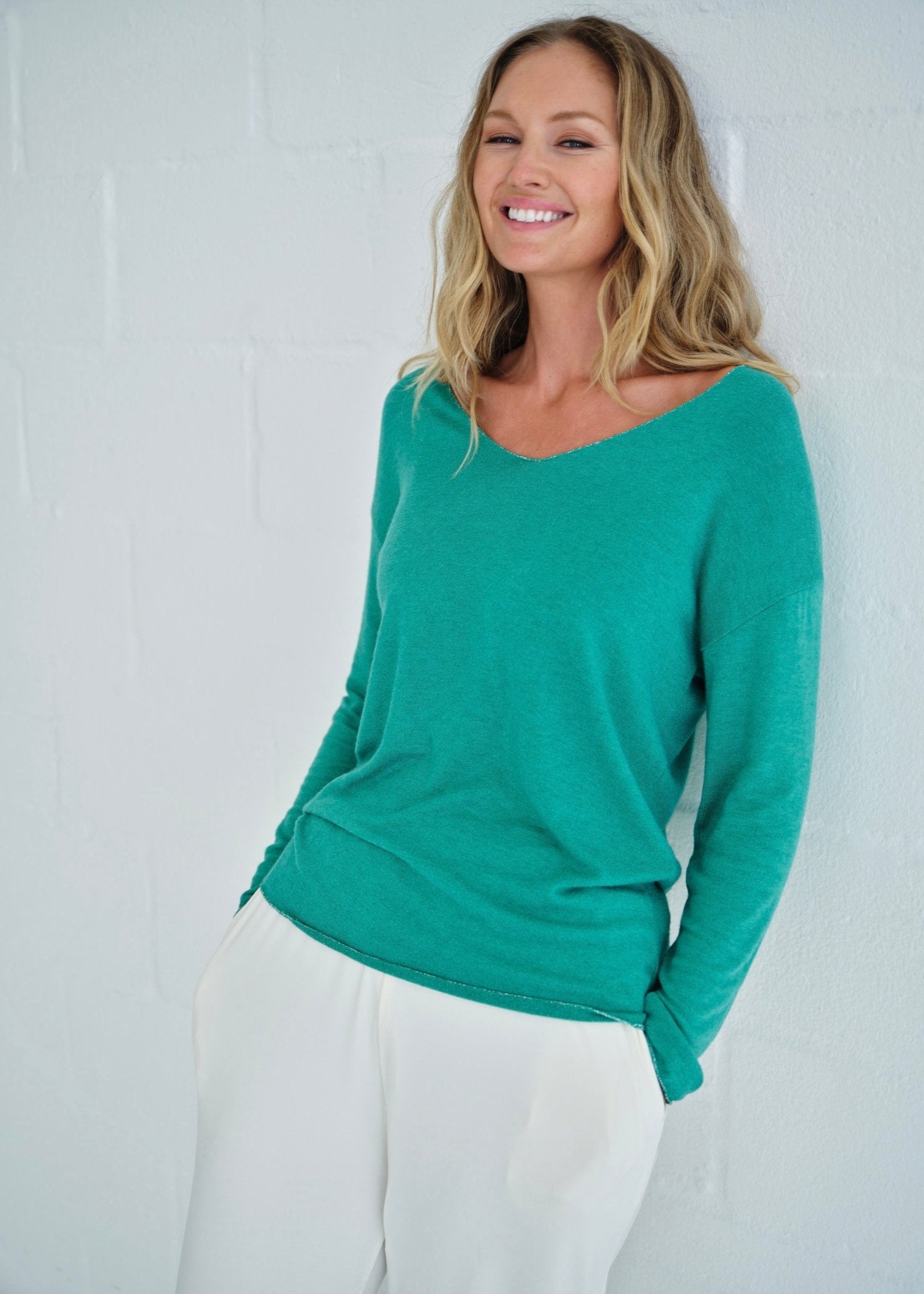 View our Italian Shimmer Edged V Neck Knit In Aqua Teal - by Tribute Store