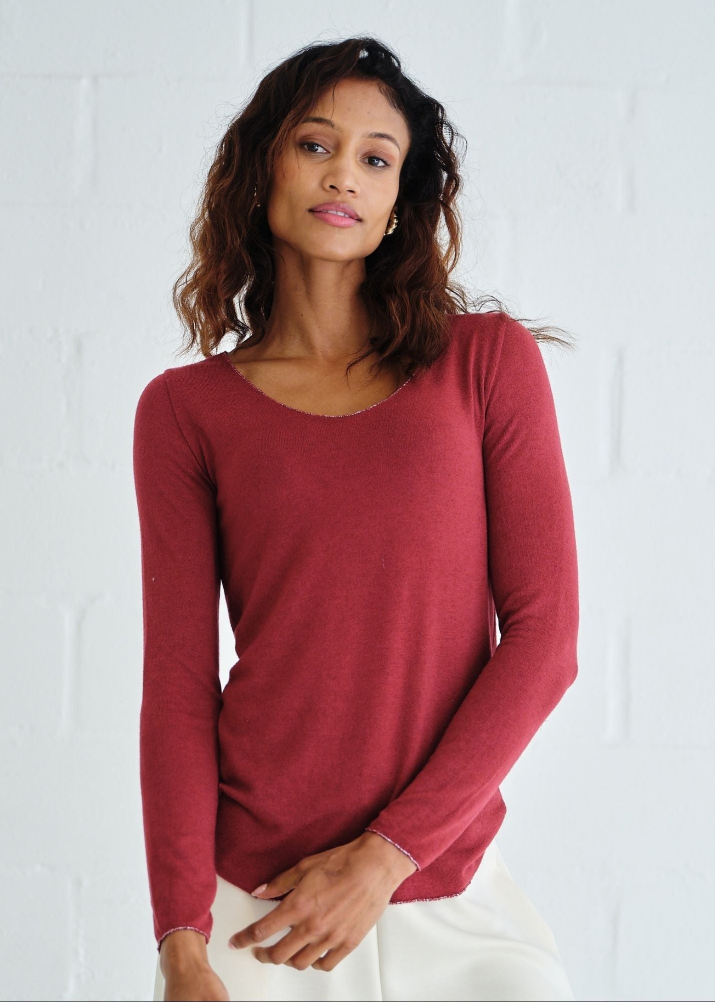 View our Italian Shimmer Edged V Neck Knit In Burgundy - by Tribute Store