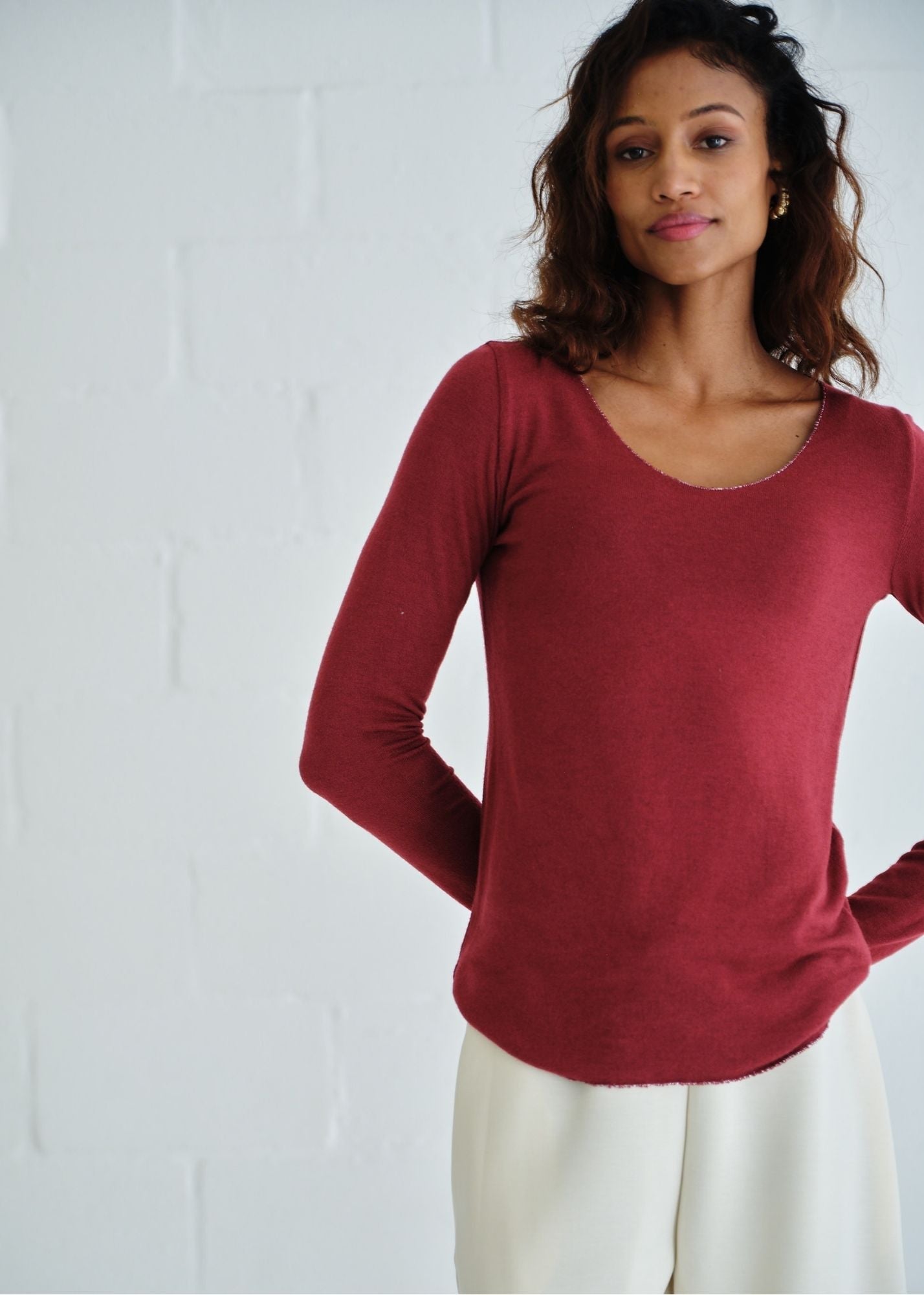 View our Italian Shimmer Edged V Neck Knit In Burgundy - by Tribute Store