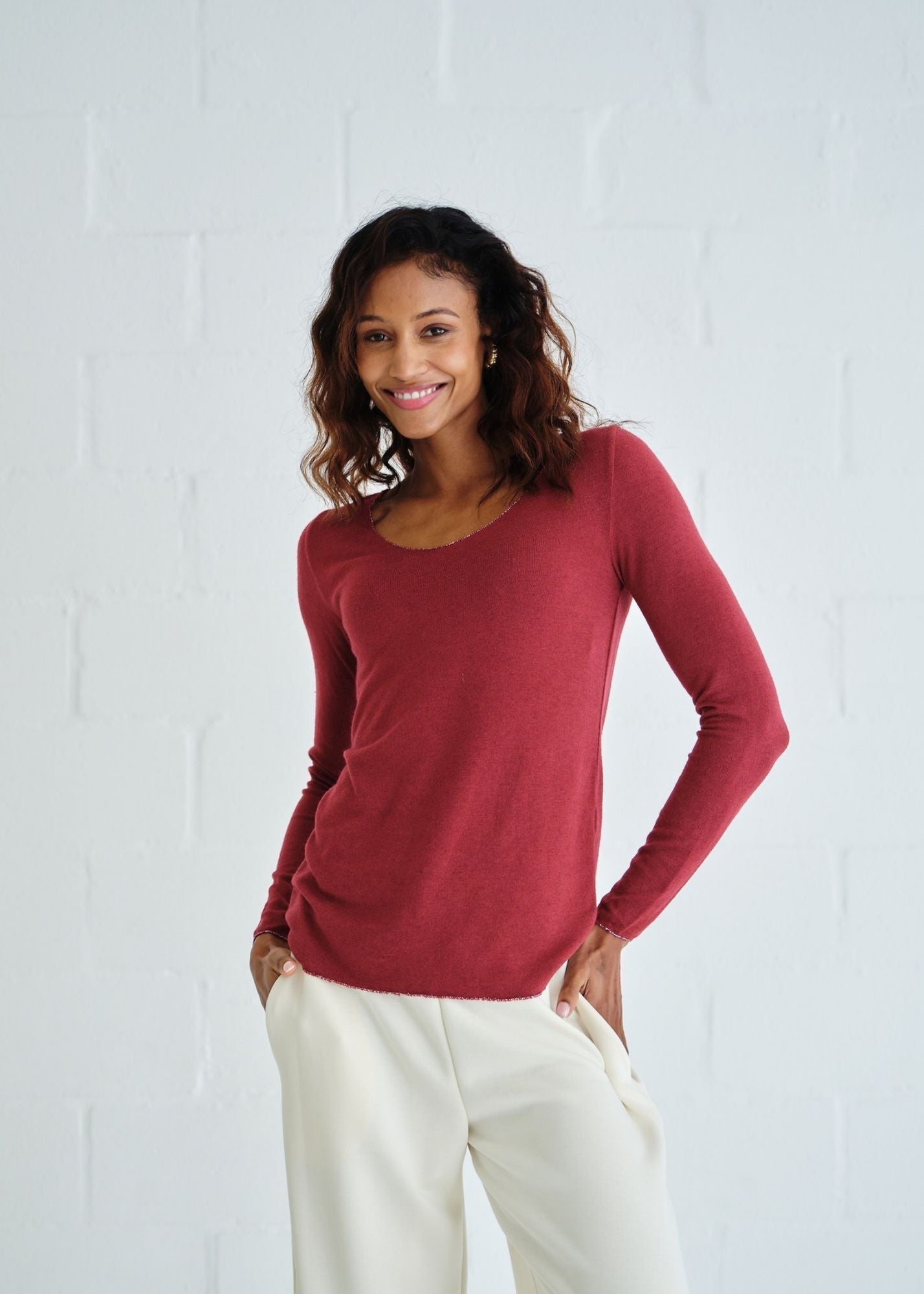 View our Italian Shimmer Edged V Neck Knit In Burgundy - by Tribute Store
