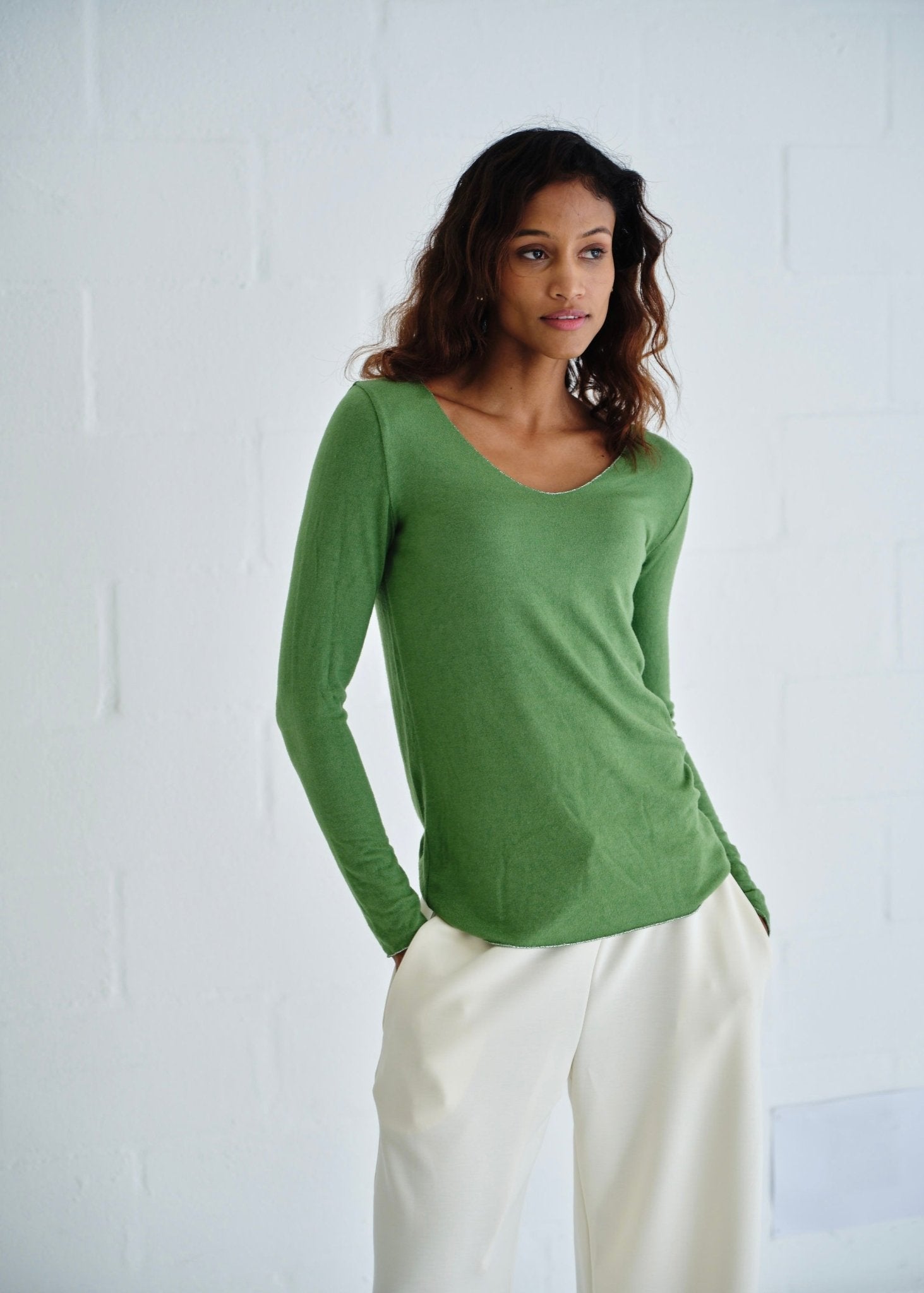 View our Italian Shimmer Edged V Neck Knit In Dark Green - by Tribute Store