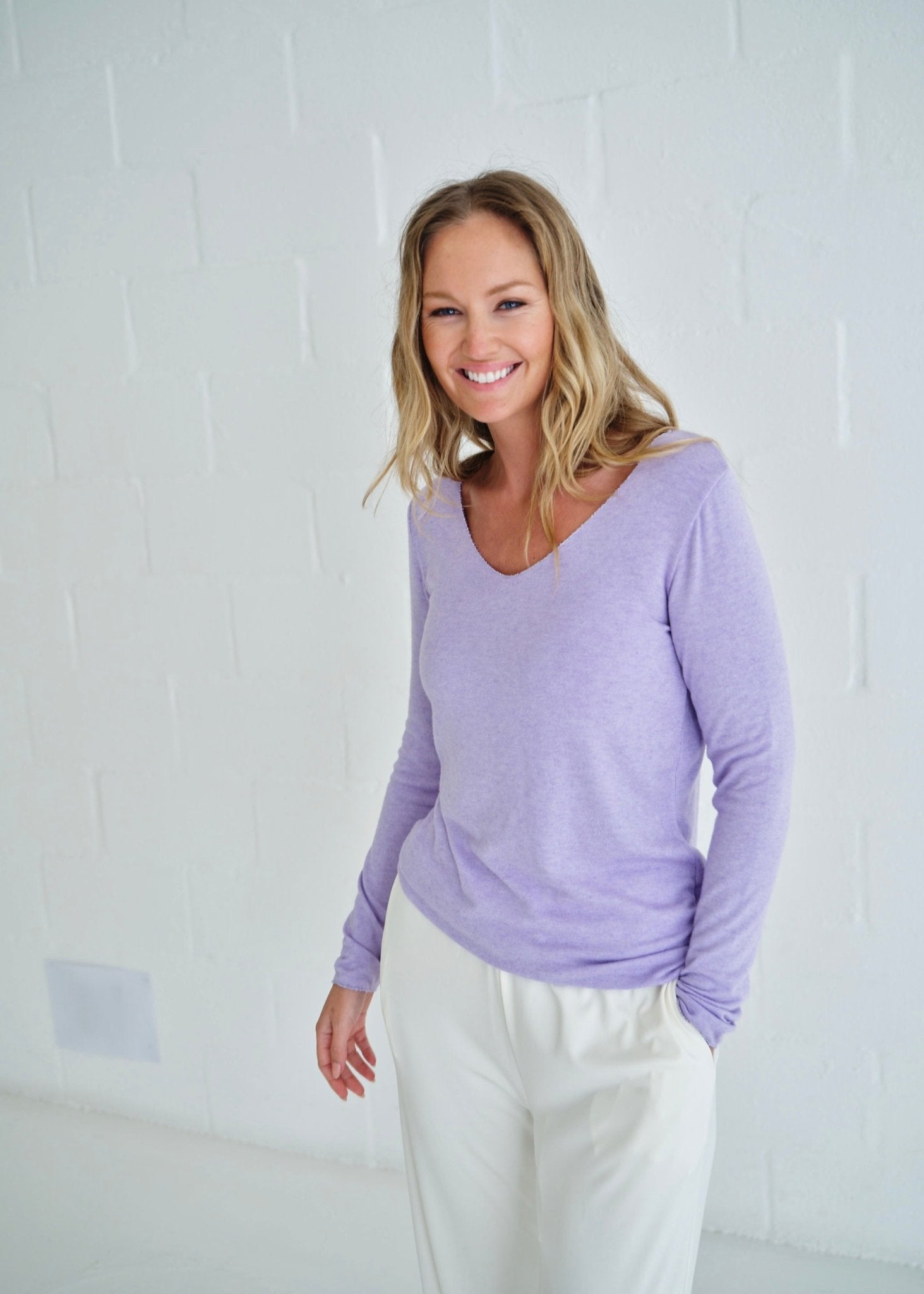 View our Italian Shimmer Edged V Neck Knit In Lilac - by Tribute Store