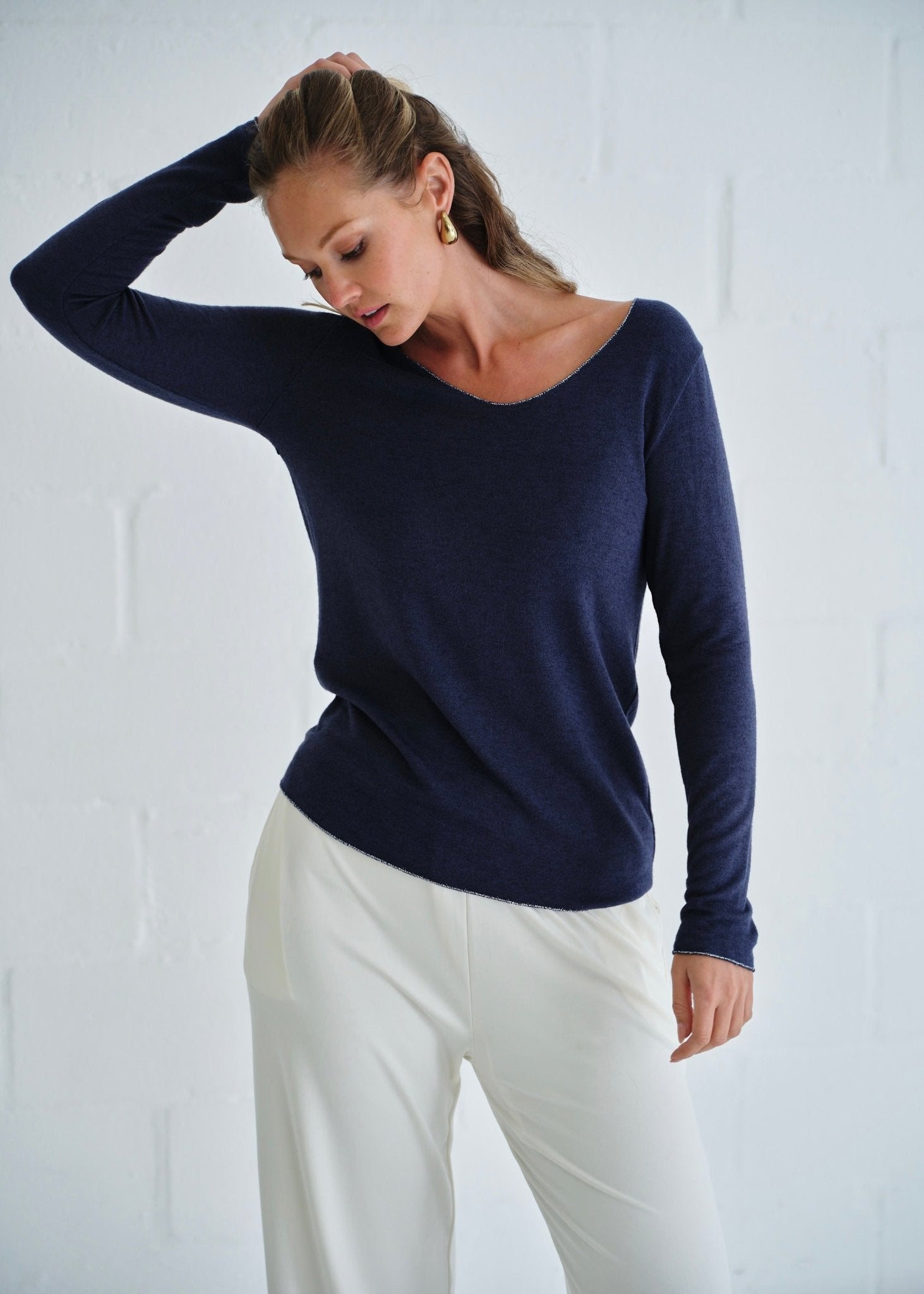 View our Italian Shimmer Edged V Neck Knit In Navy - by Tribute Store