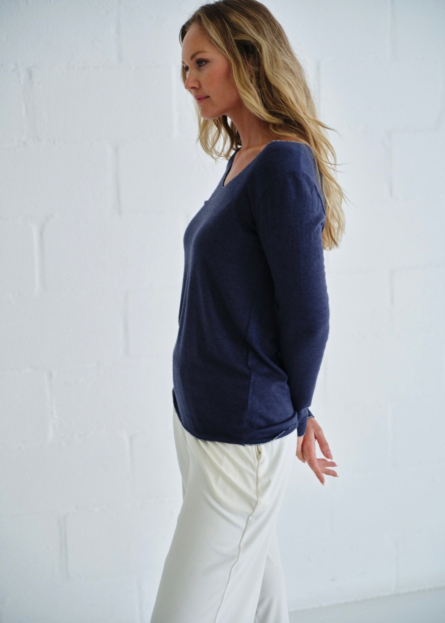 View our Italian Shimmer Edged V Neck Knit In Navy - by Tribute Store