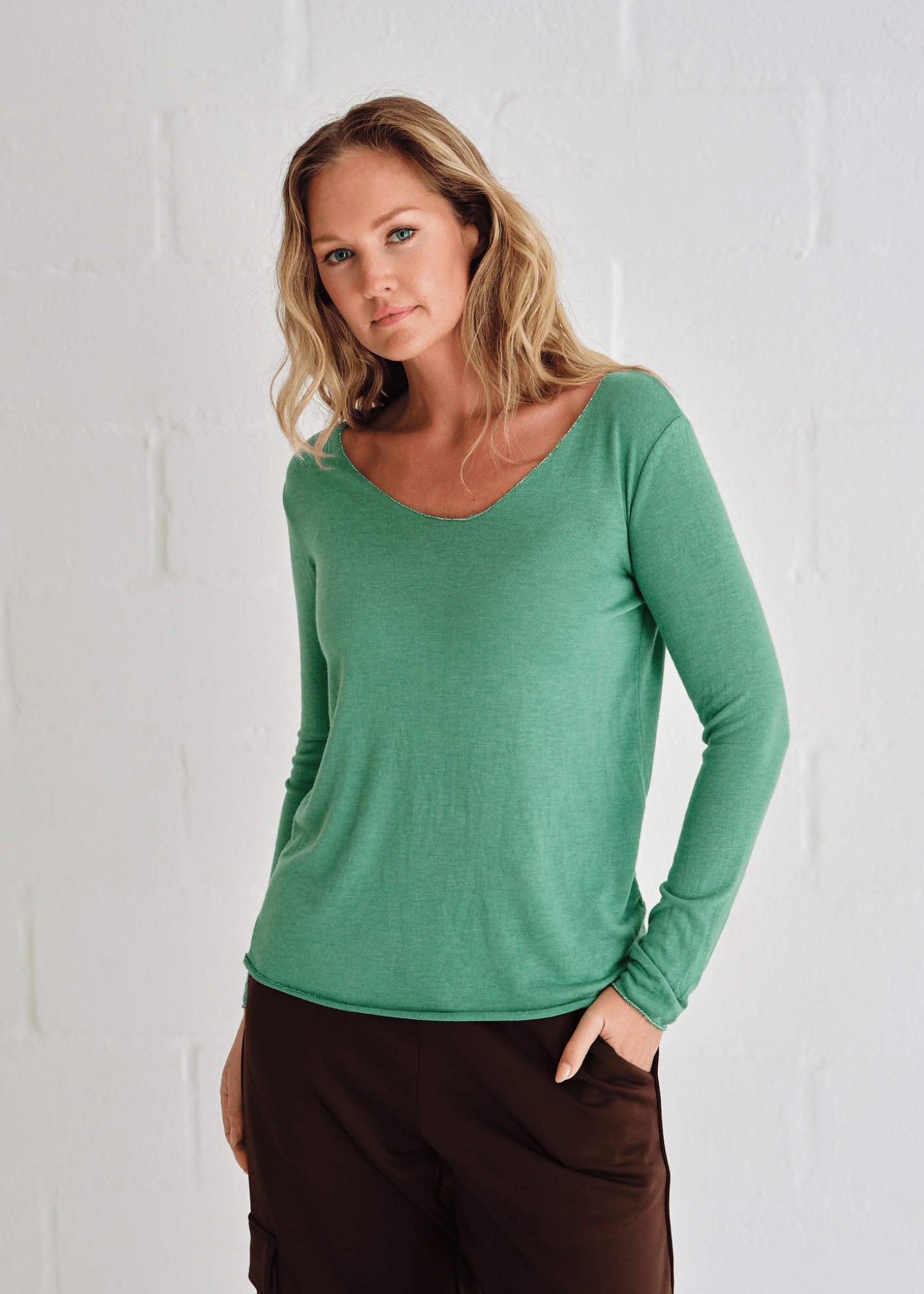 View our Italian Shimmer Edged V Neck Knit In Ocean Green - by Tribute Store