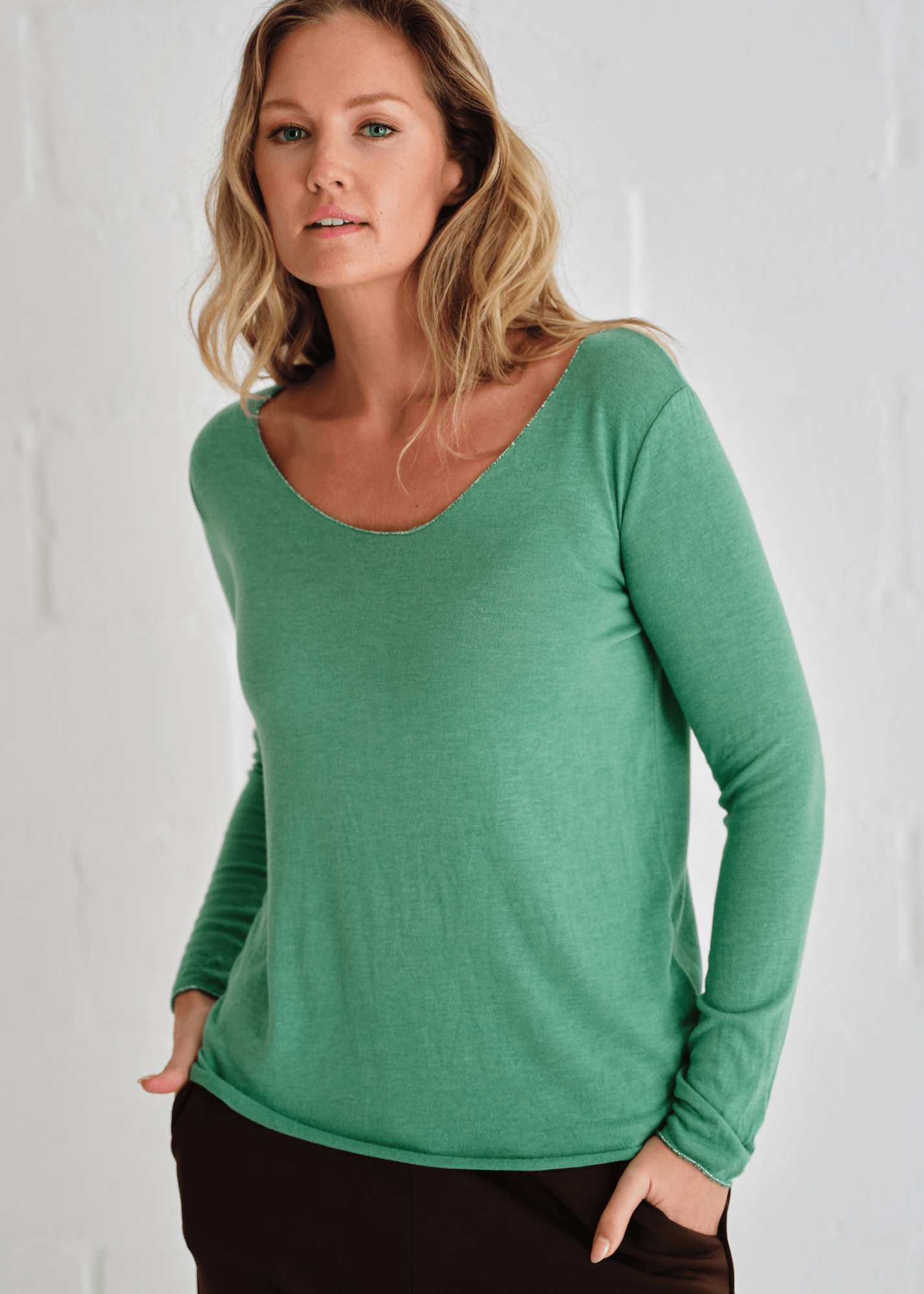 View our Italian Shimmer Edged V Neck Knit In Ocean Green - by Tribute Store