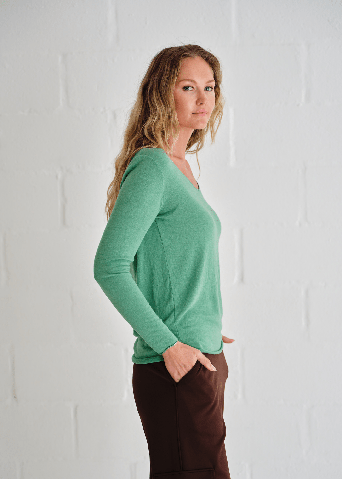 View our Italian Shimmer Edged V Neck Knit In Ocean Green - by Tribute Store