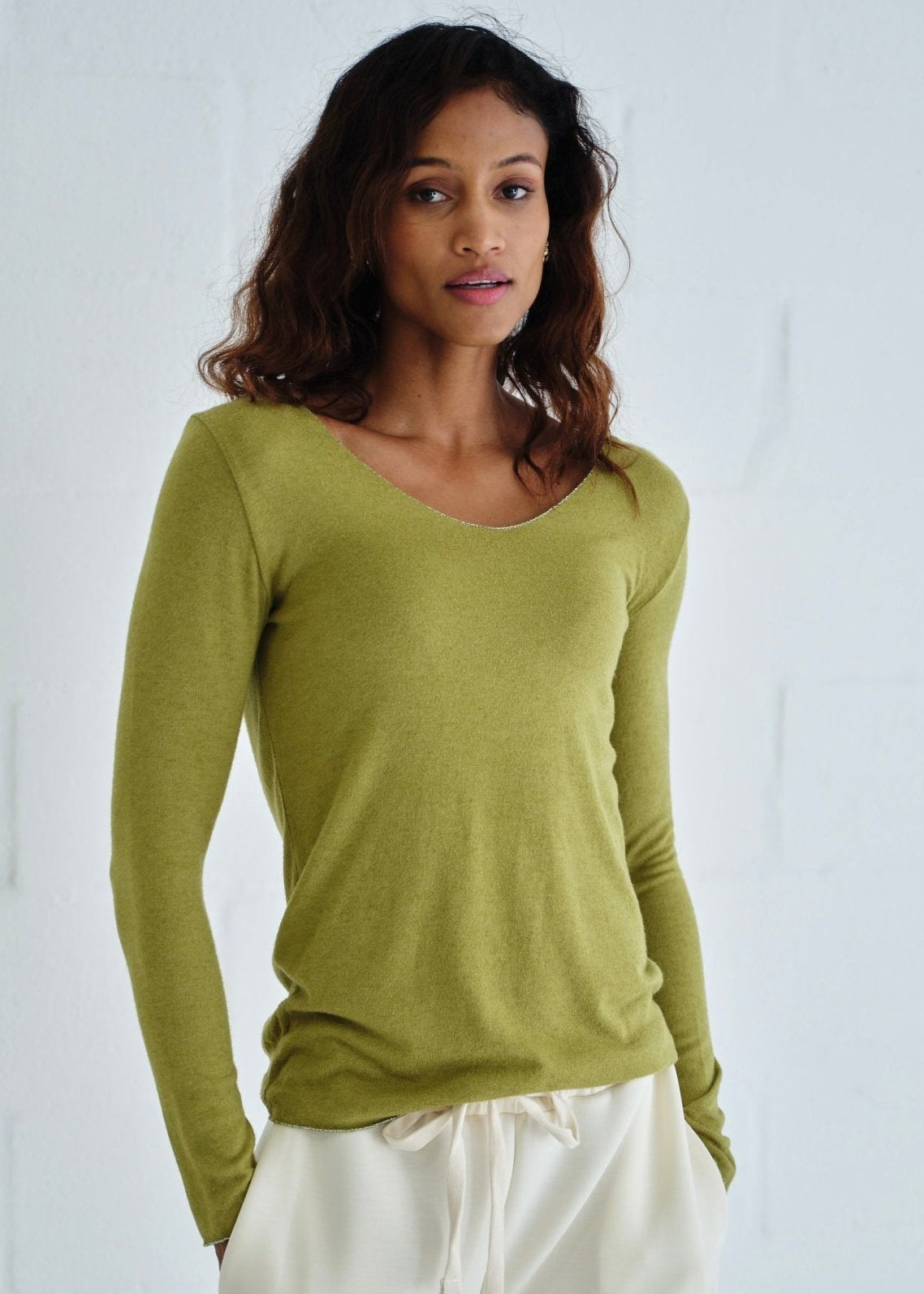 View our Italian Shimmer Edged V Neck Knit In Olive Green - by Tribute Store