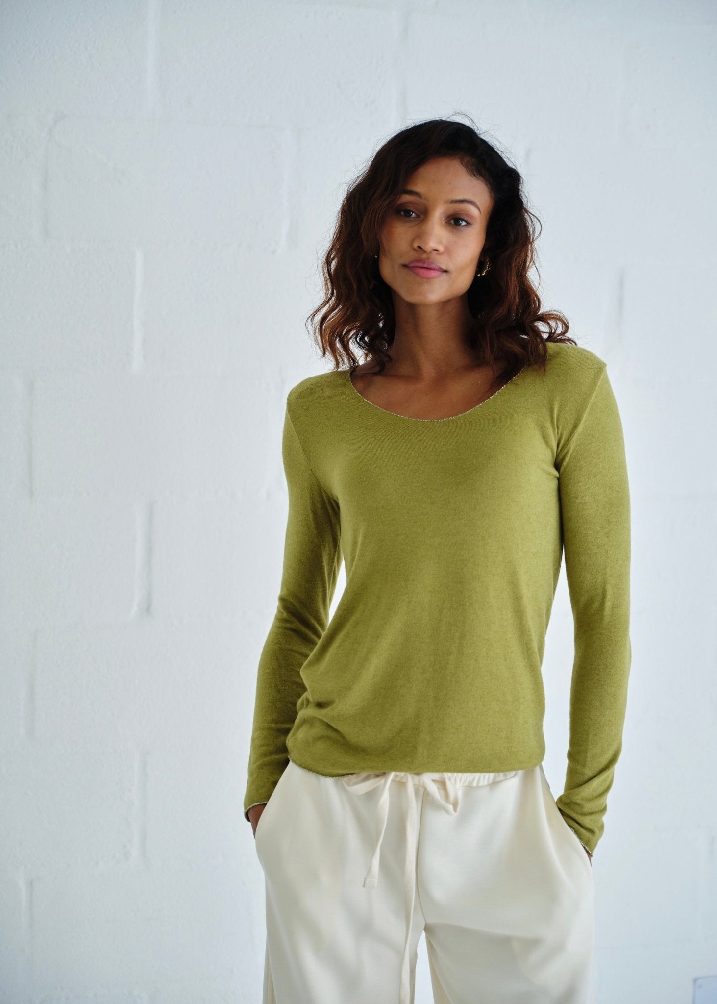 View our Italian Shimmer Edged V Neck Knit In Olive Green - by Tribute Store