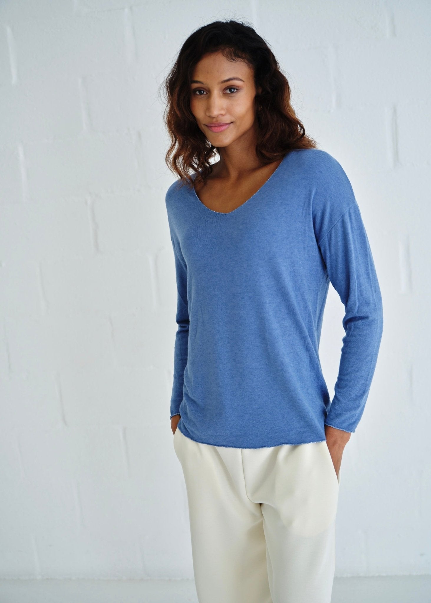 View our Italian Shimmer Edged V Neck Knit In Sky Blue - by Tribute Store