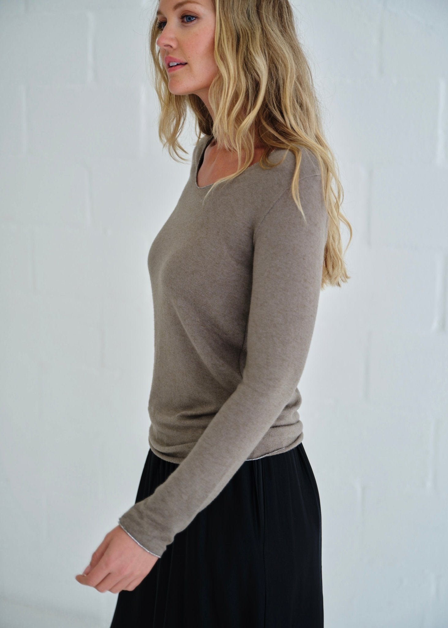 View our Italian Shimmer Edged V Neck Knit In Taupe - by Tribute Store