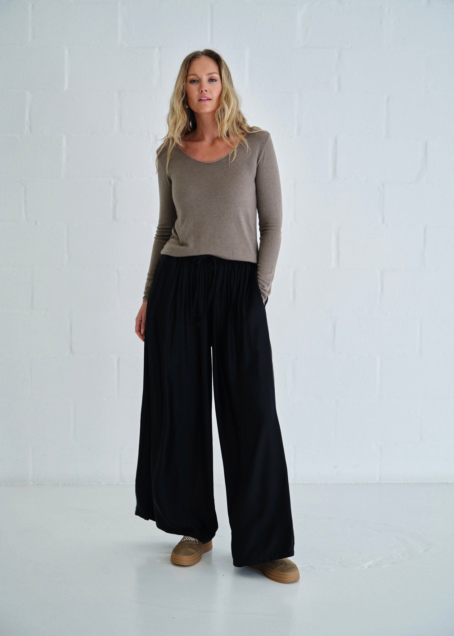 View our Italian Shimmer Edged V Neck Knit In Taupe - by Tribute Store