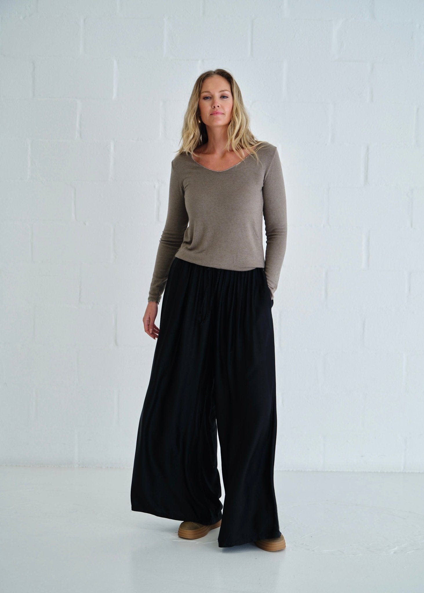 View our Italian Shimmer Edged V Neck Knit In Taupe - by Tribute Store