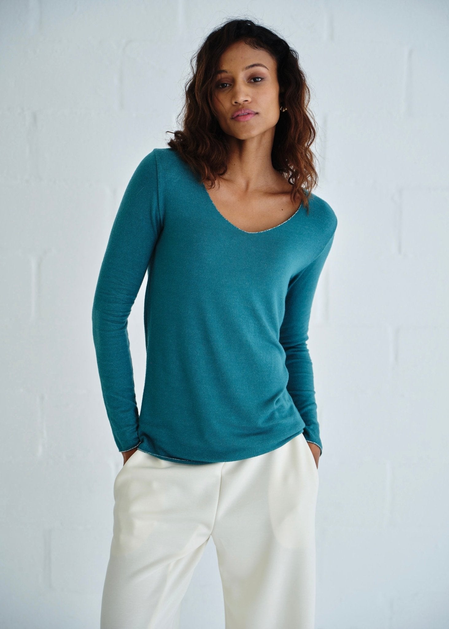 View our Italian Shimmer Edged V Neck Knit In Teal - by Tribute Store