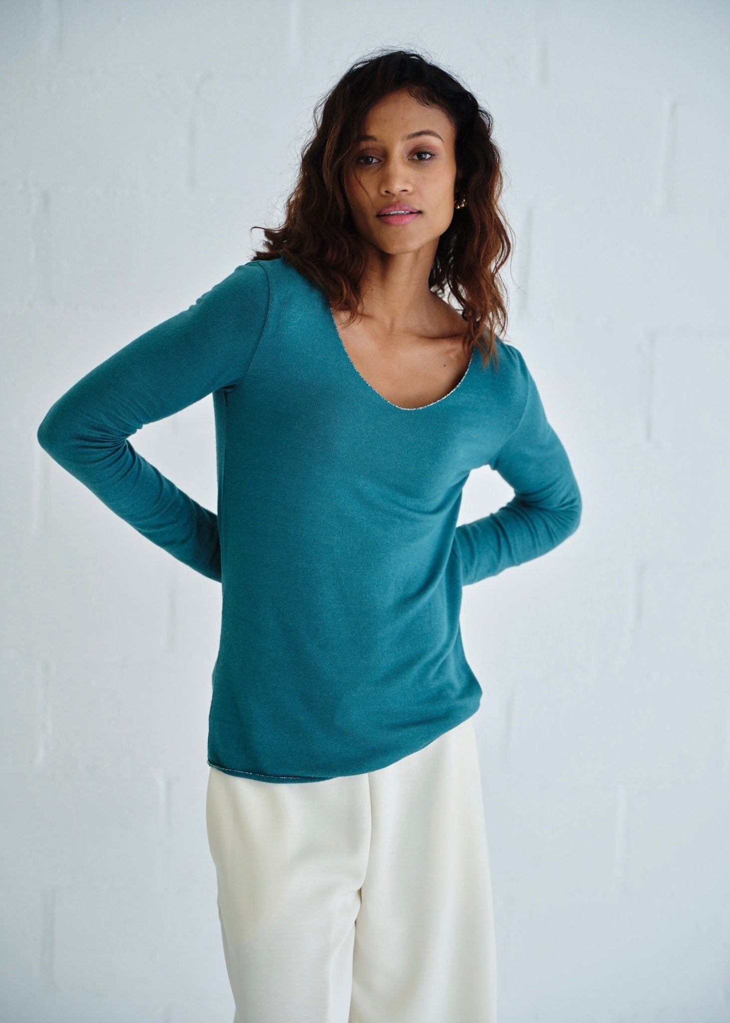 View our Italian Shimmer Edged V Neck Knit In Teal - by Tribute Store
