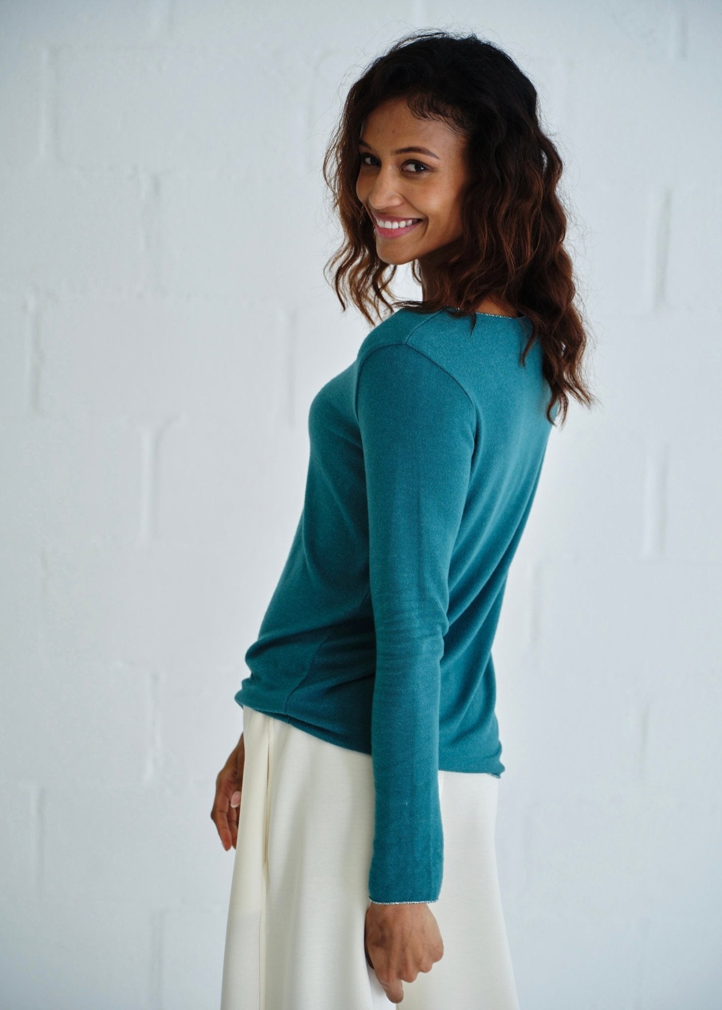 View our Italian Shimmer Edged V Neck Knit In Teal - by Tribute Store