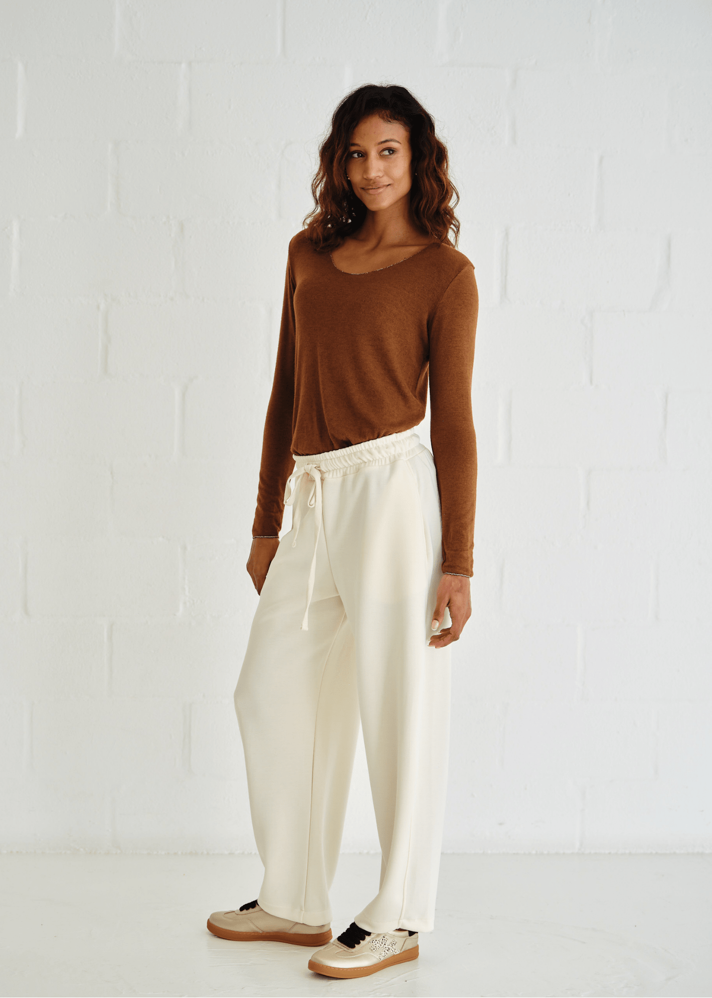 View our Italian Shimmer Edged V Neck Knit In Tobacco - by Tribute Store