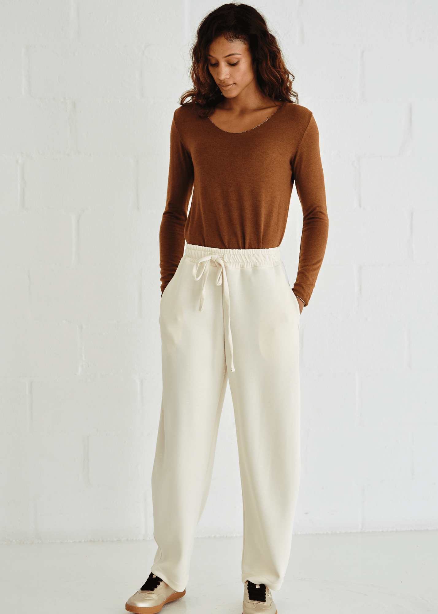 View our Italian Shimmer Edged V Neck Knit In Tobacco - by Tribute Store