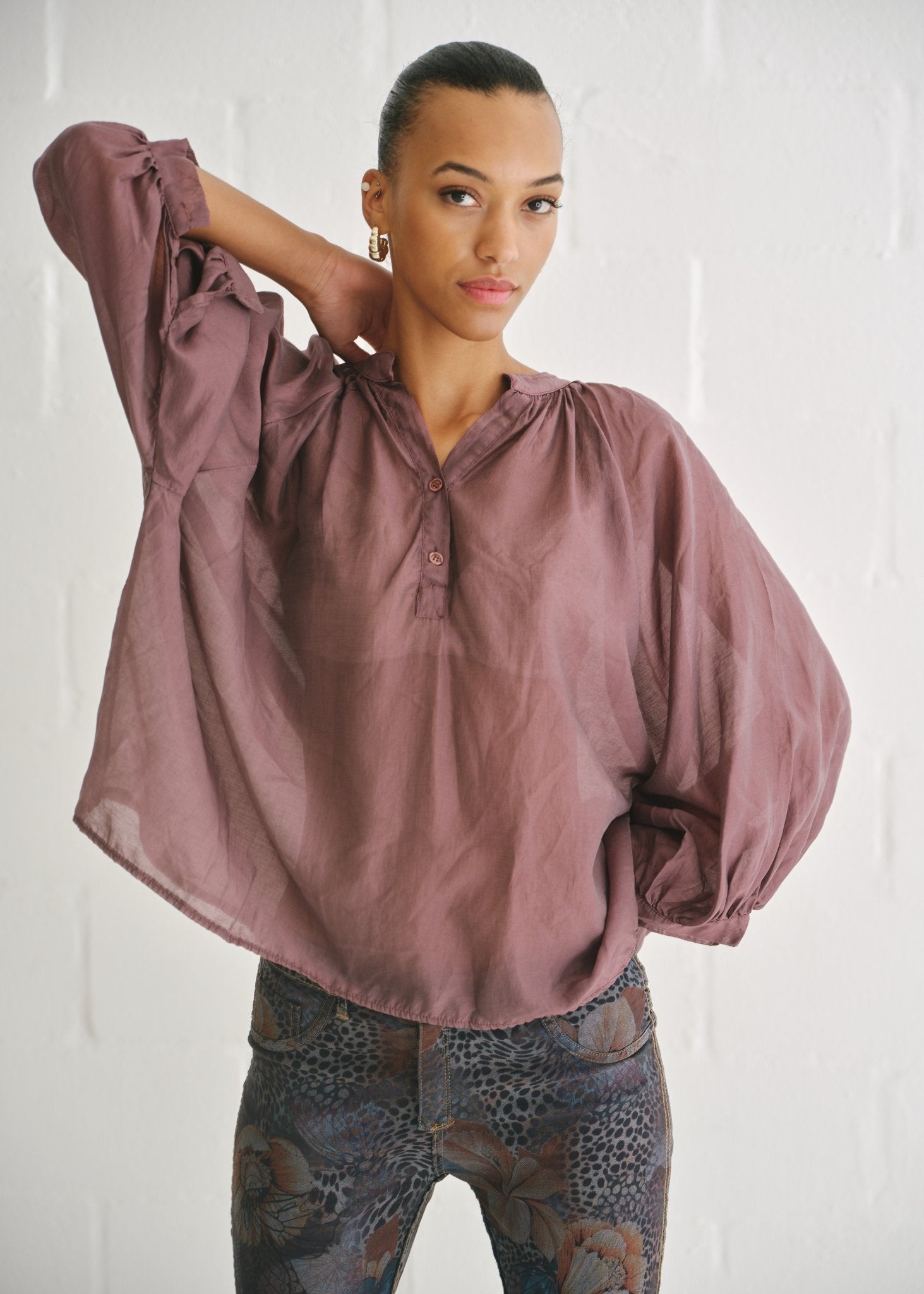 View our Italian Silk Blend Balloon Sleeved Blouse In Maroon - by Tribute Store