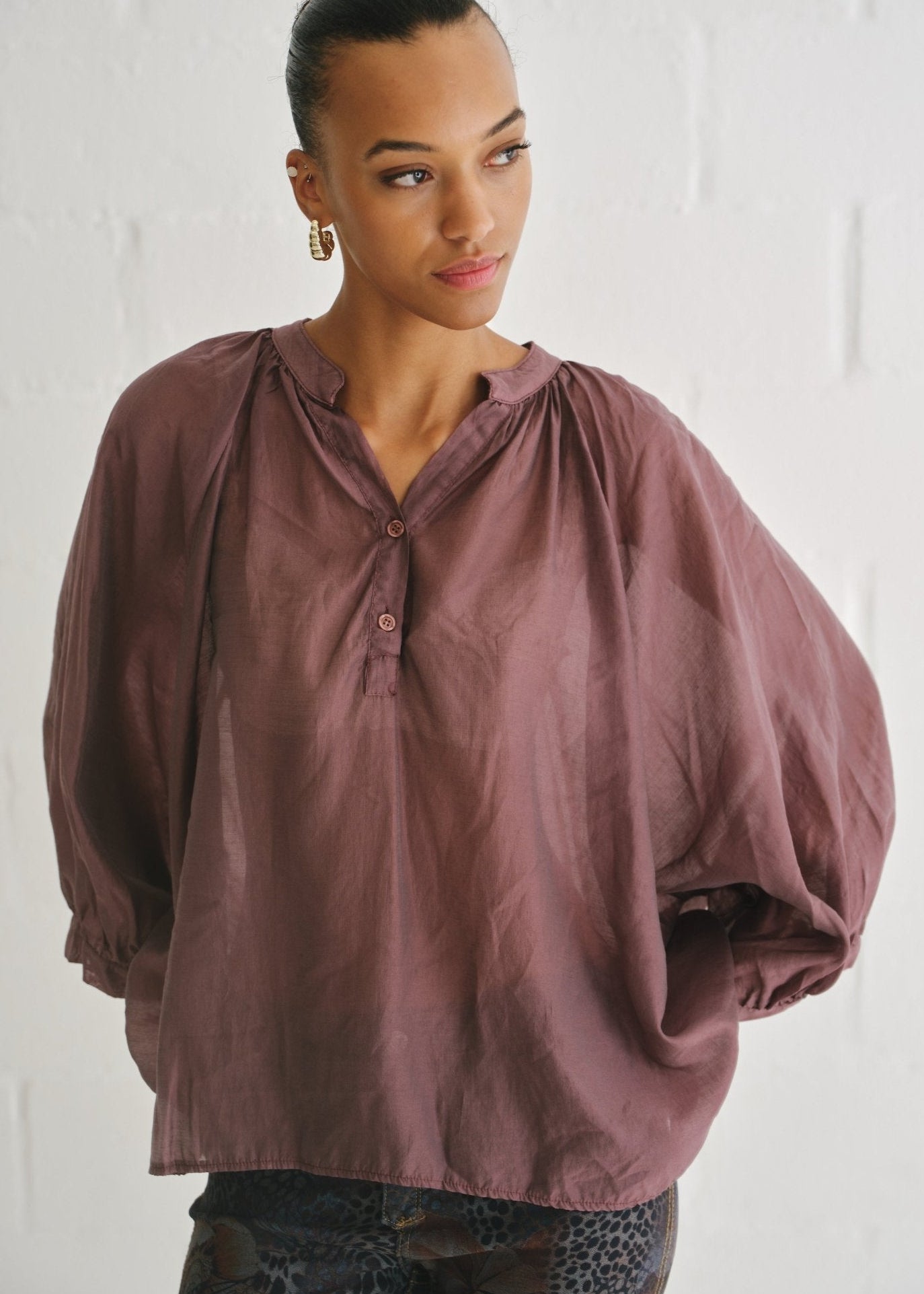 View our Italian Silk Blend Balloon Sleeved Blouse In Maroon - by Tribute Store