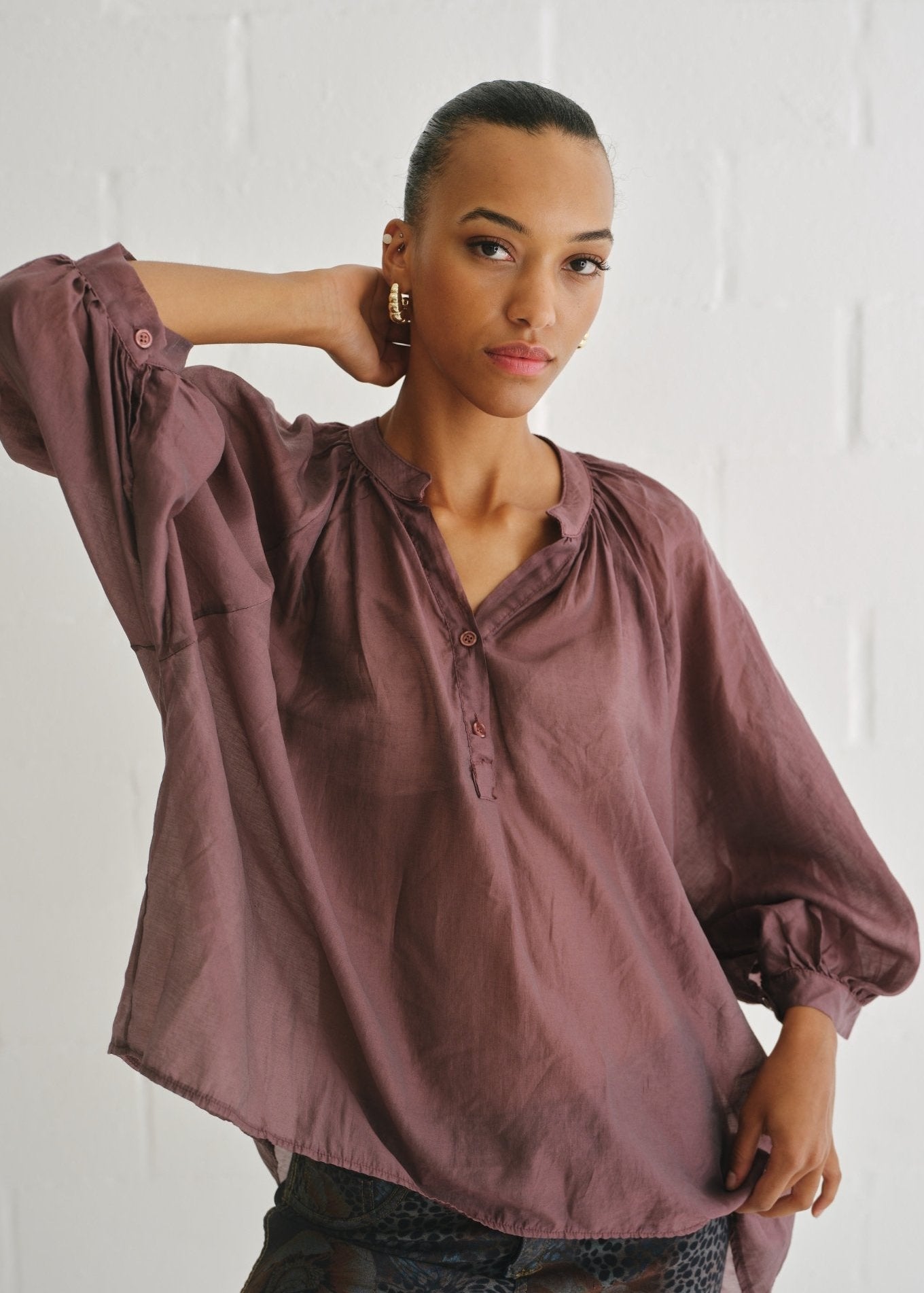 View our Italian Silk Blend Balloon Sleeved Blouse In Maroon - by Tribute Store