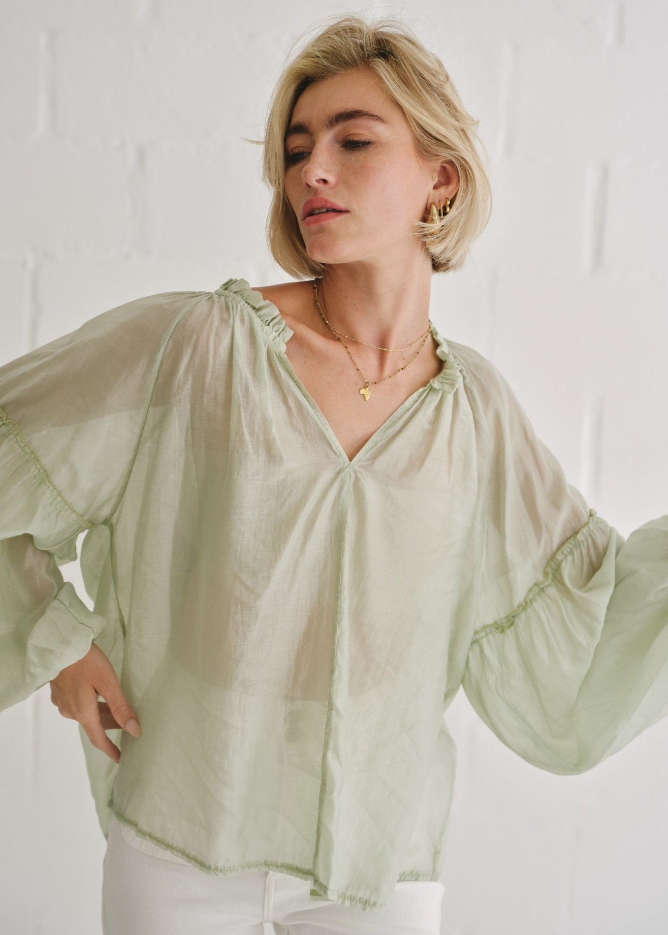 View our Italian Silk Blend Frill Blouse Pistachio - by Tribute Store