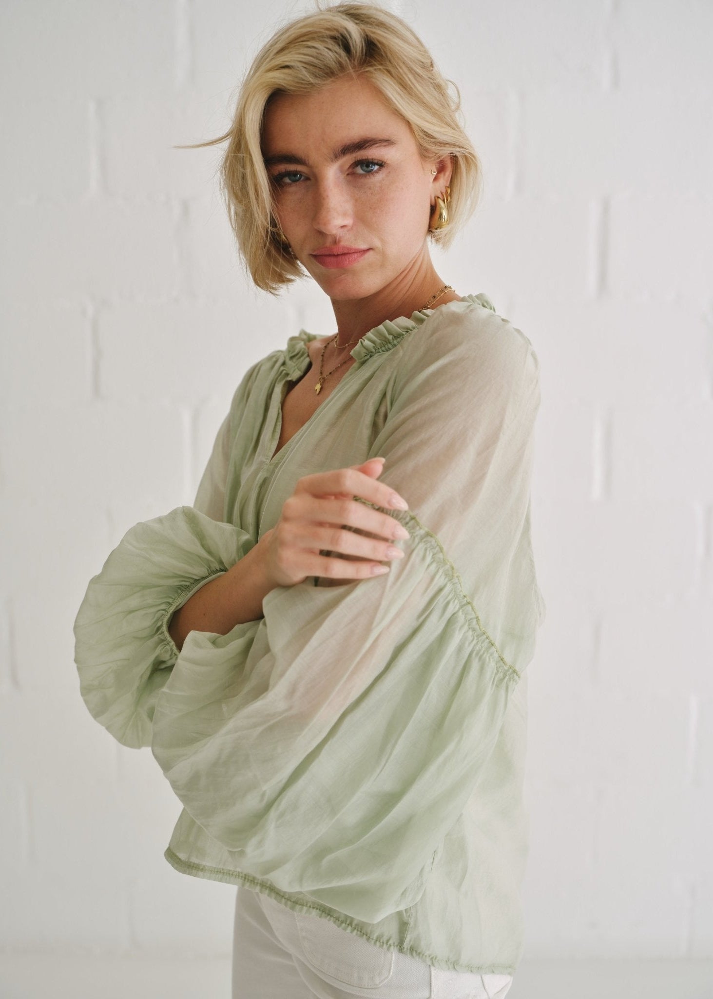 View our Italian Silk Blend Frill Blouse Pistachio - by Tribute Store