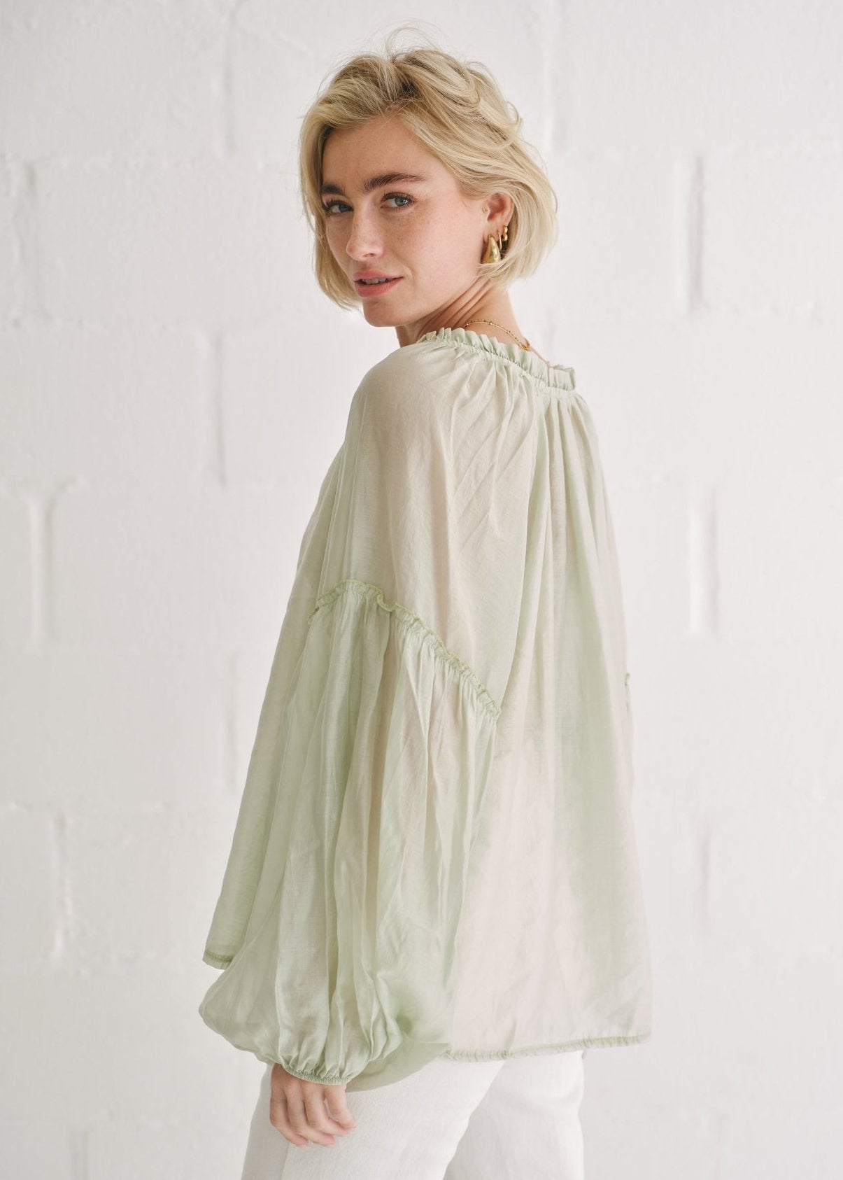 View our Italian Silk Blend Frill Blouse Pistachio - by Tribute Store