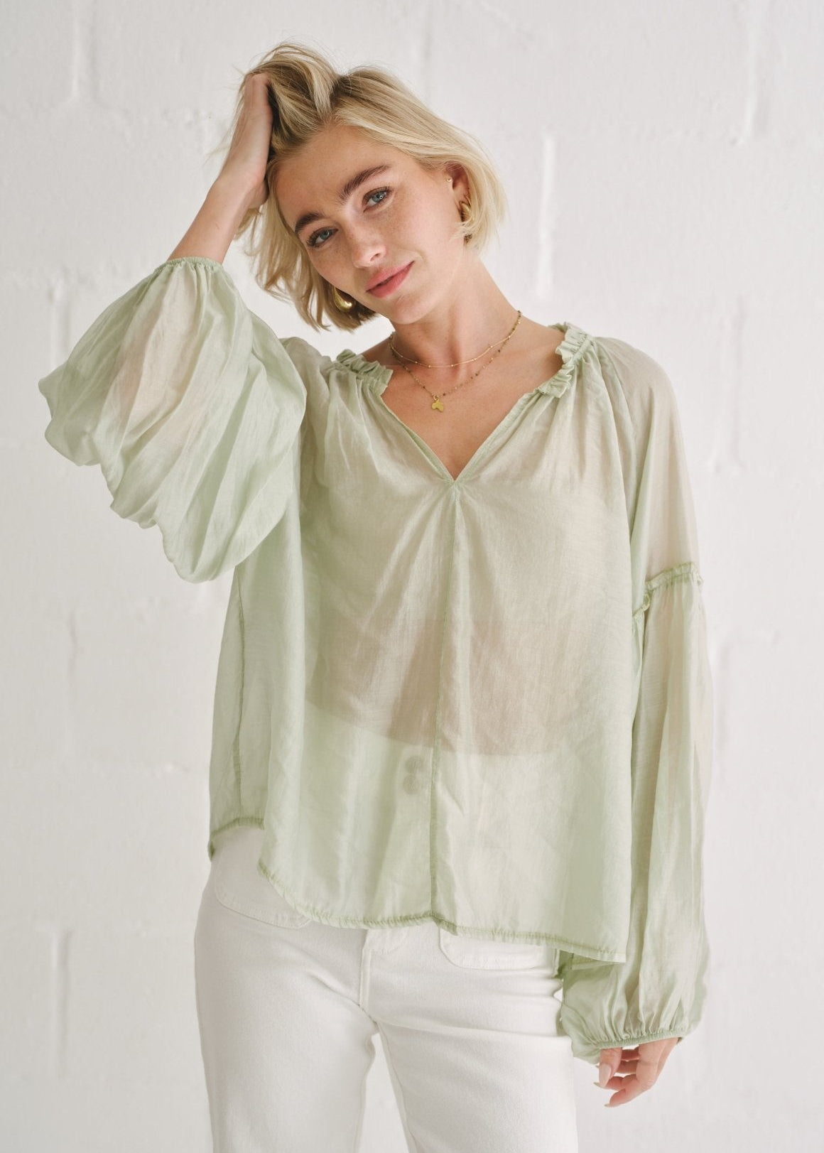 View our Italian Silk Blend Frill Blouse Pistachio - by Tribute Store