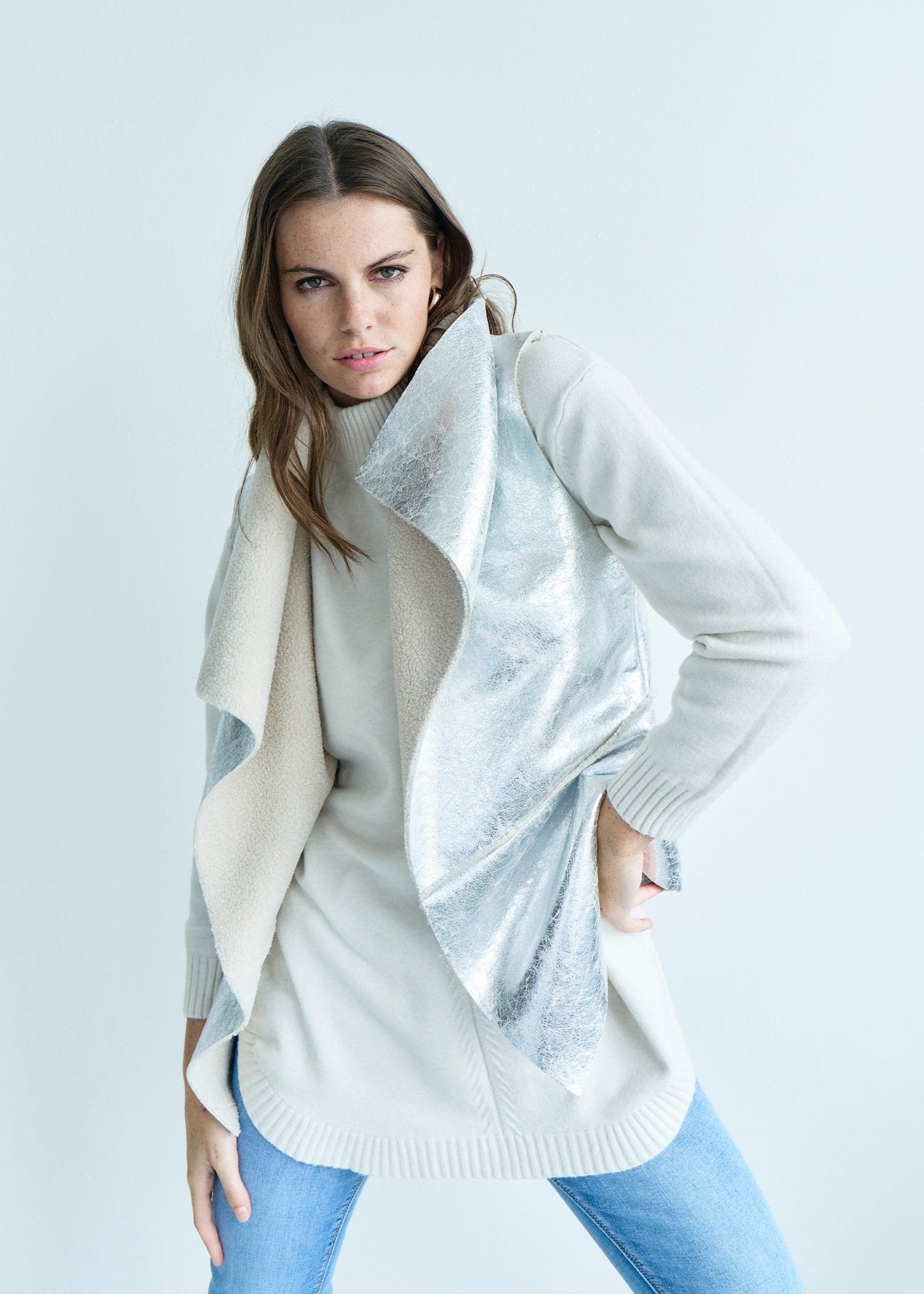 View our Italian Sleeveless Sherpa Coat with Silver Shimmer In Grey - by Tribute Store