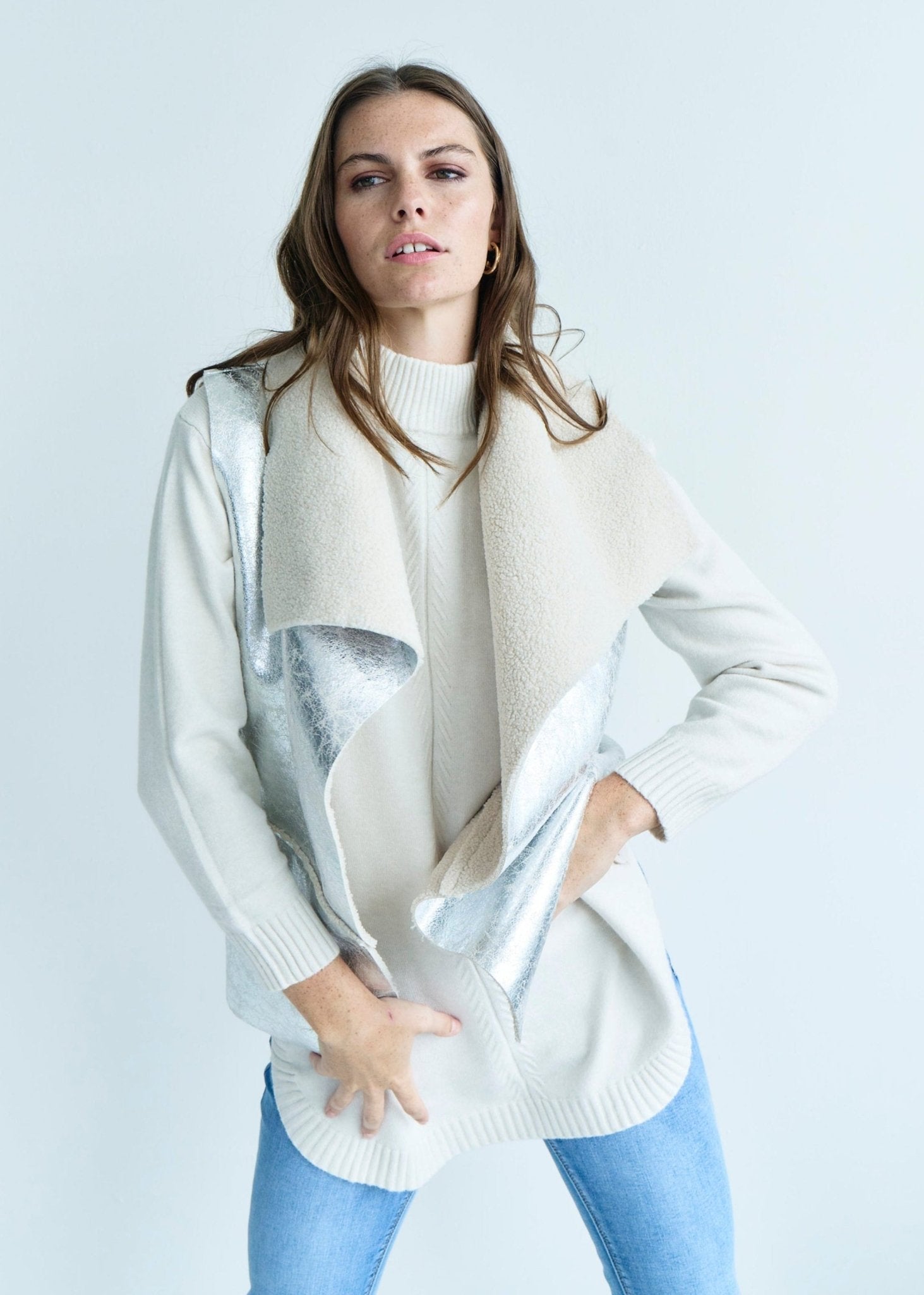 View our Italian Sleeveless Sherpa Coat with Silver Shimmer In Grey - by Tribute Store
