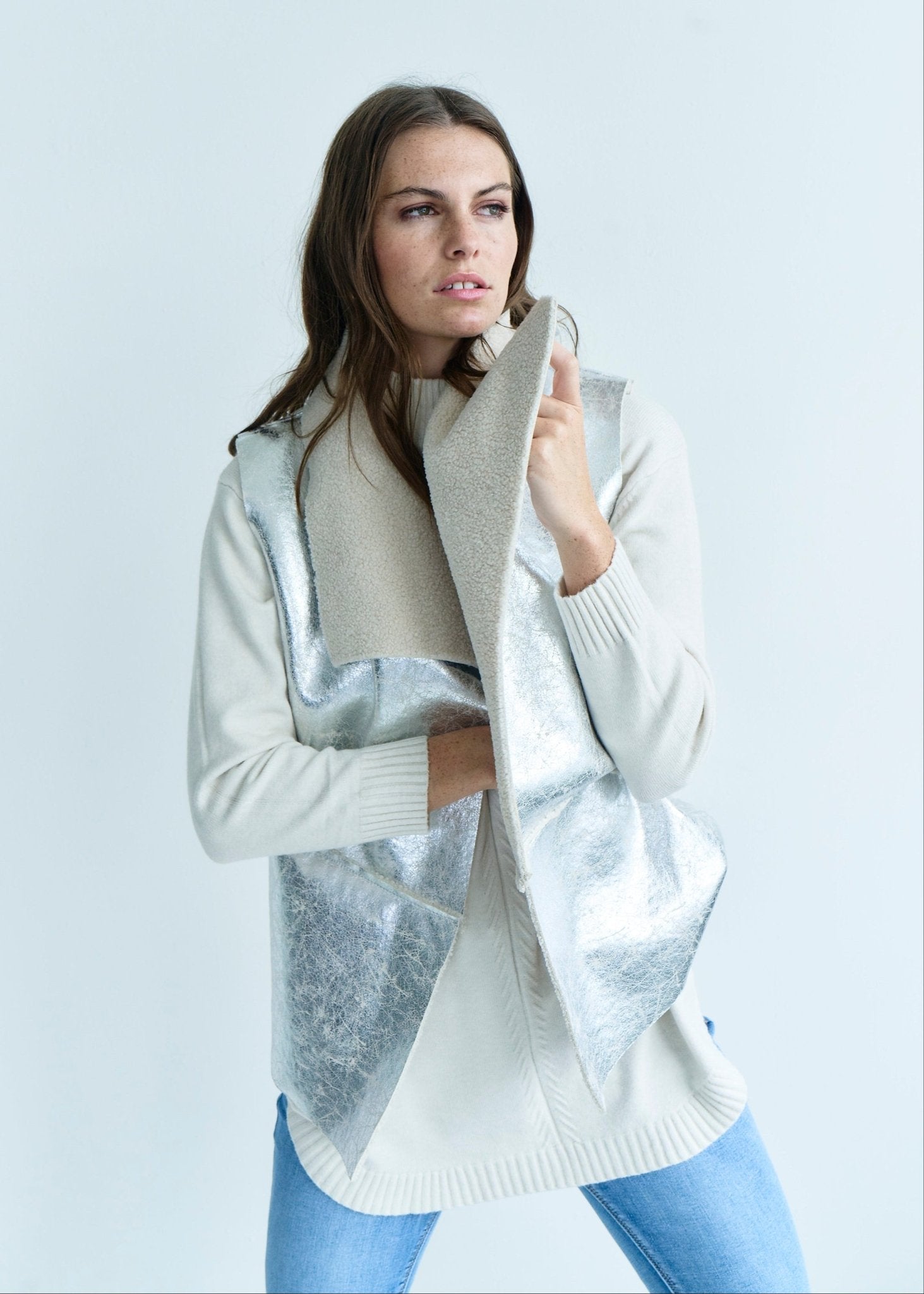 View our Italian Sleeveless Sherpa Coat with Silver Shimmer In Grey - by Tribute Store