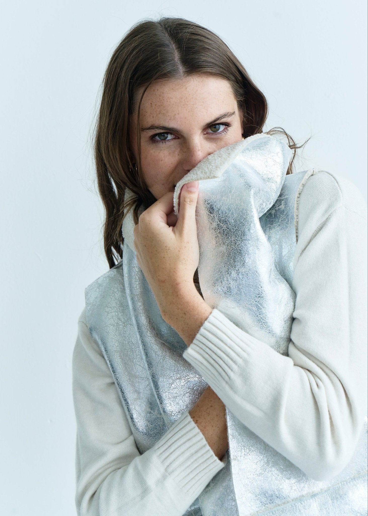 View our Italian Sleeveless Sherpa Coat with Silver Shimmer In Grey - by Tribute Store