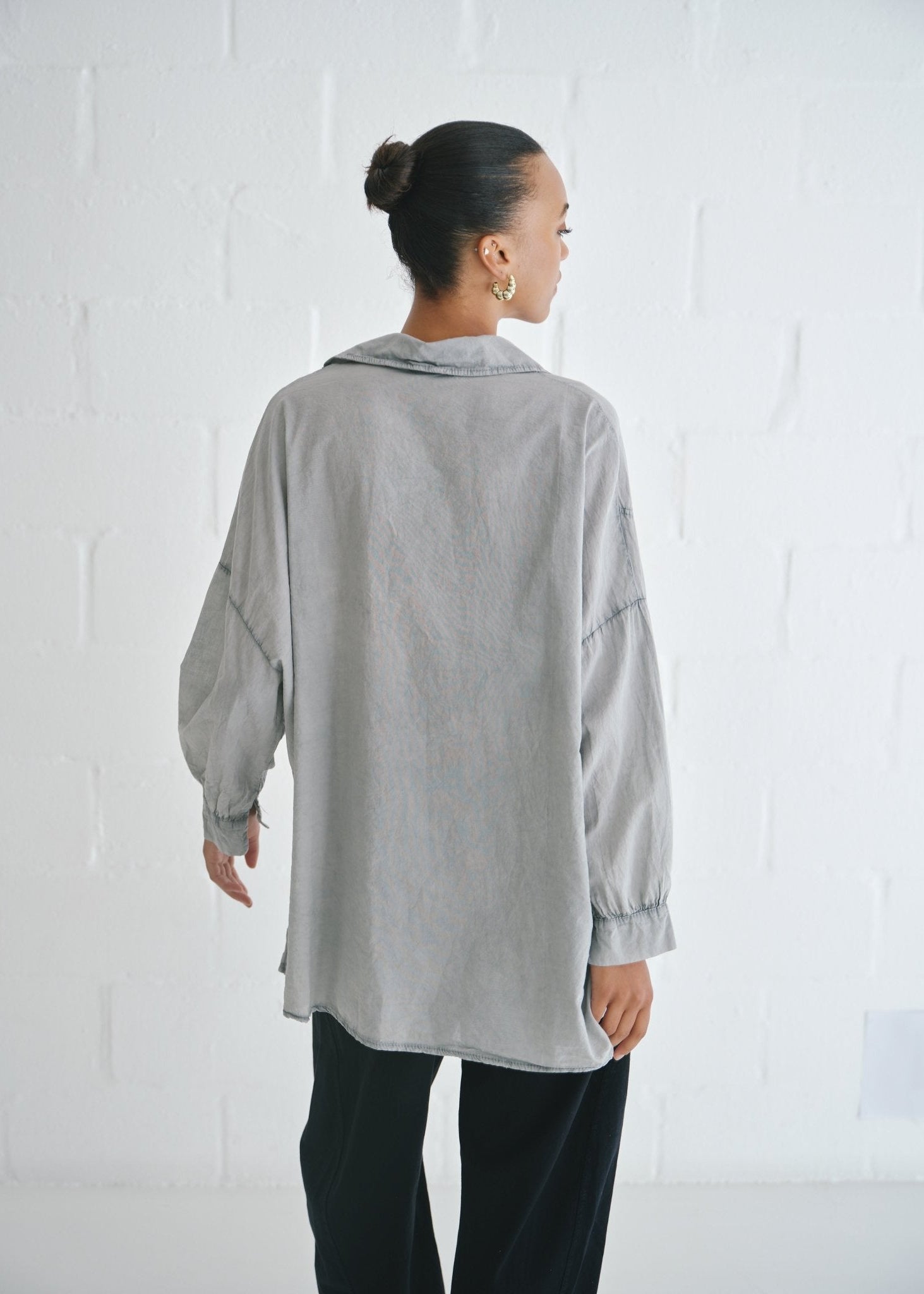 View our Italian Stonewashed Cotton Shirt with Assymetrical Hem In Grey - by Tribute Store