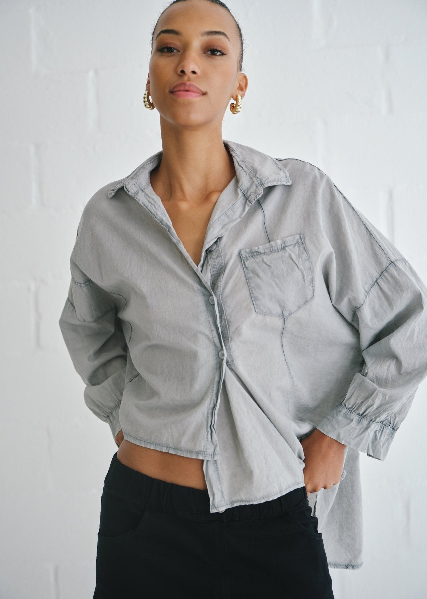 View our Italian Stonewashed Cotton Shirt with Assymetrical Hem In Grey - by Tribute Store