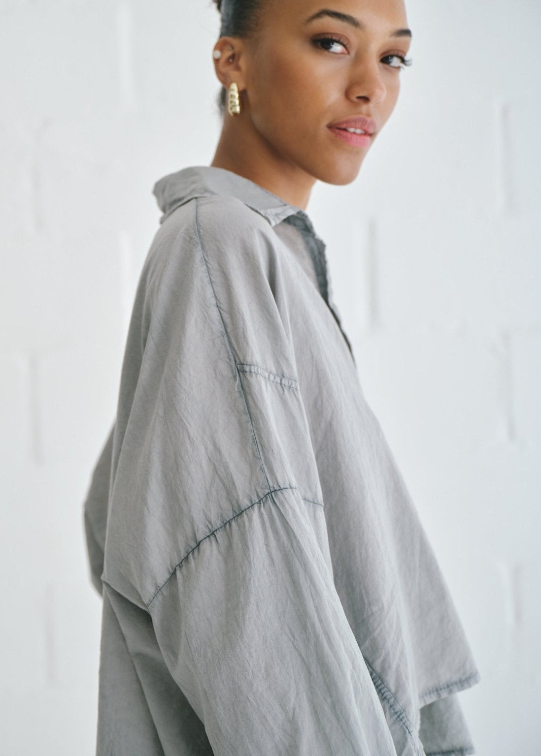 View our Italian Stonewashed Cotton Shirt with Assymetrical Hem In Grey - by Tribute Store