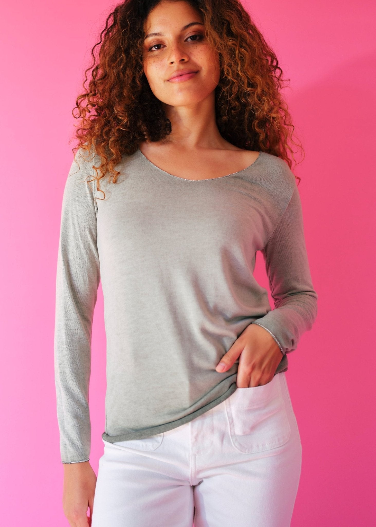 View our Italian Stonewashed Knit with Shimmer Edge in Khaki - by Tribute Store