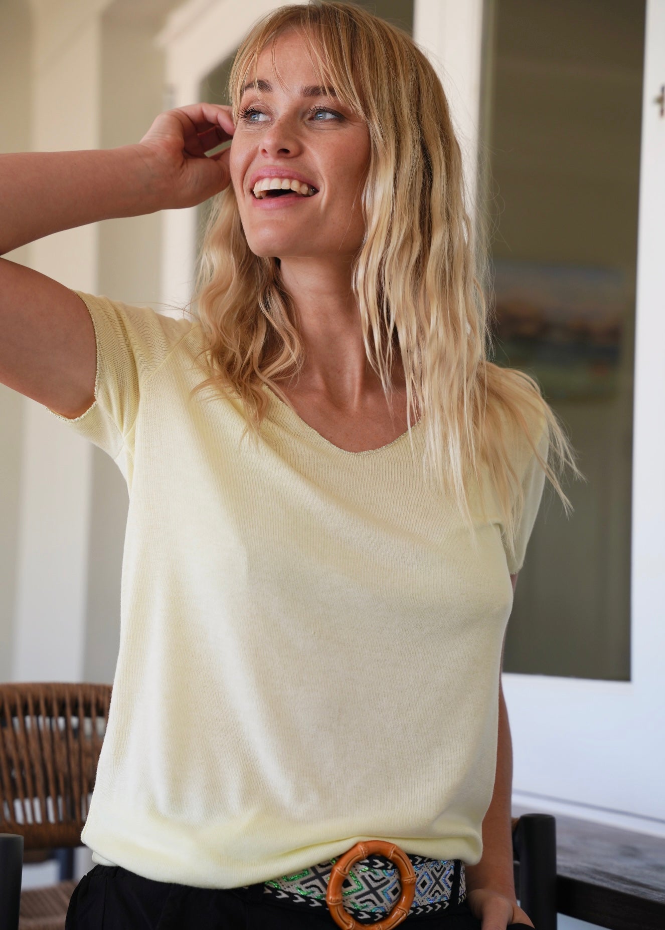 View our Italian Stonewashed Shimmer Edged Knitted Fitted Tee In Yellow - by Tribute Store