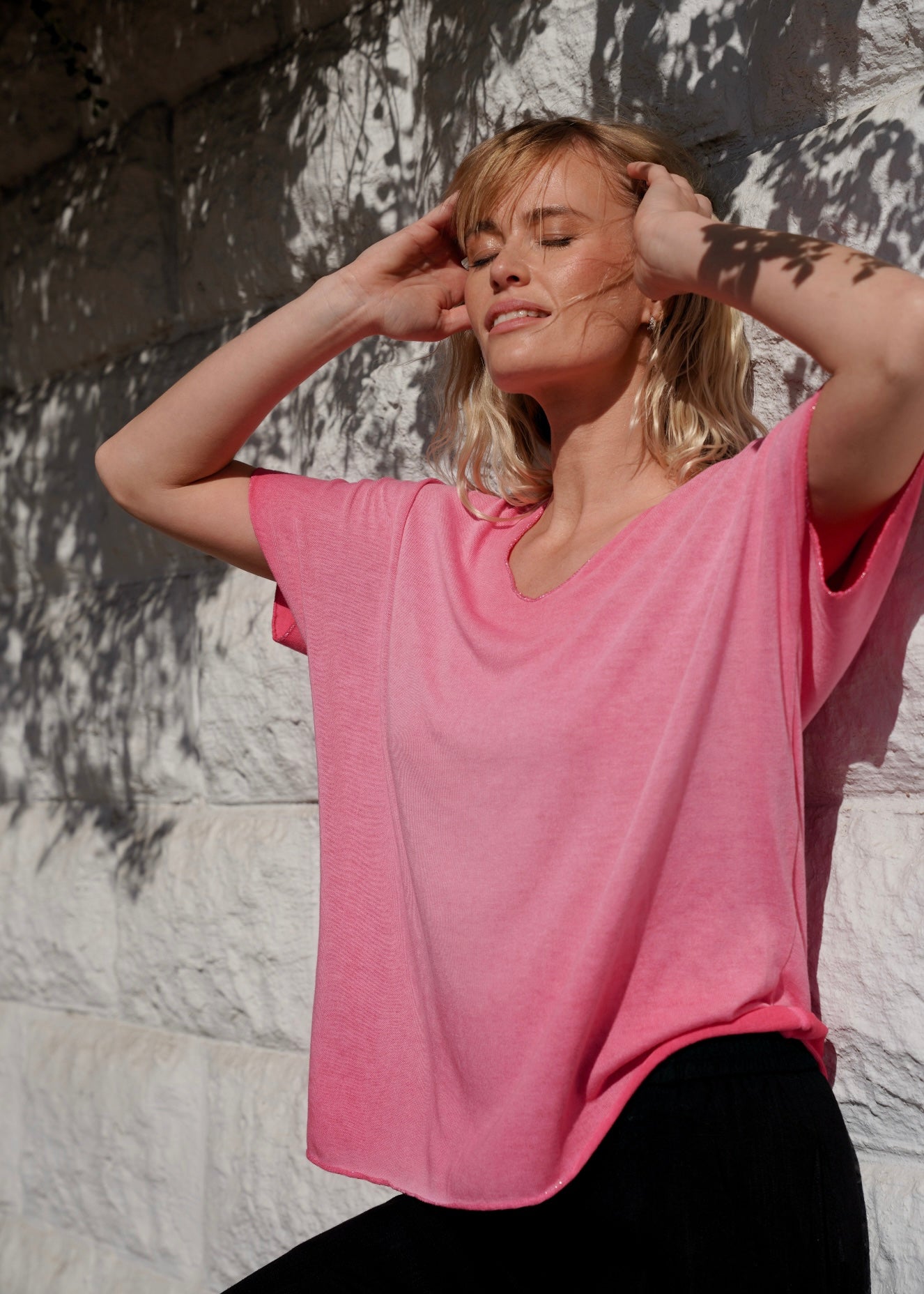 View our Italian Stonewashed Shimmer Edged Knitted Oversized Tee In Sunkist Coral - by Tribute Store