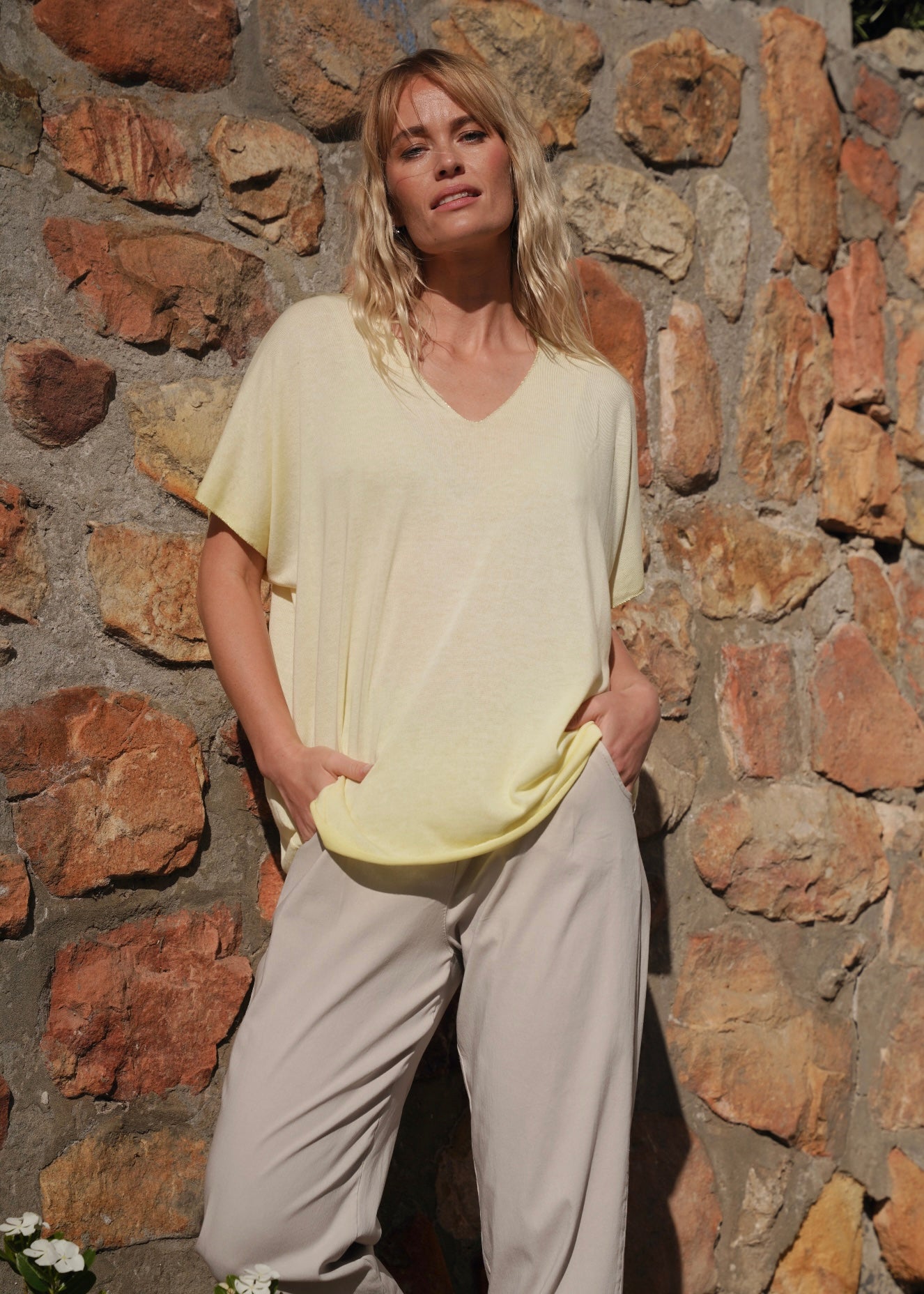 View our Italian Stonewashed Shimmer Edged Knitted Oversized Tee In Yellow - by Tribute Store