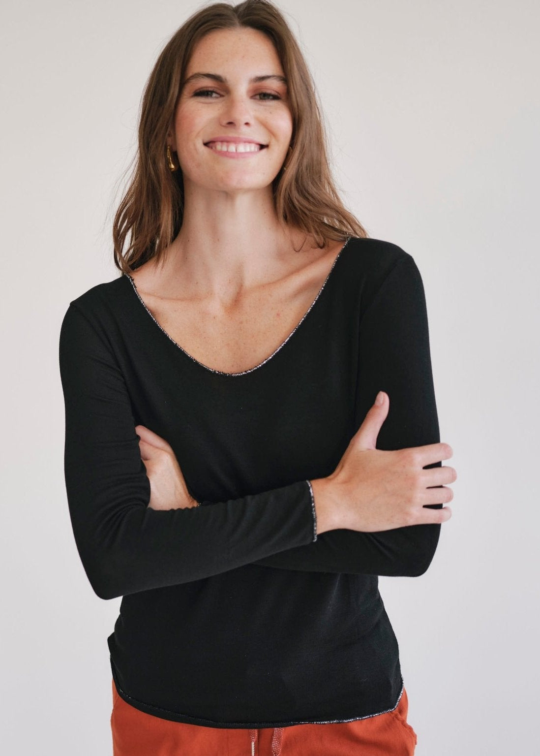 View our Italian V Neck Knit with Shimmer Edge in Black - by Tribute Store