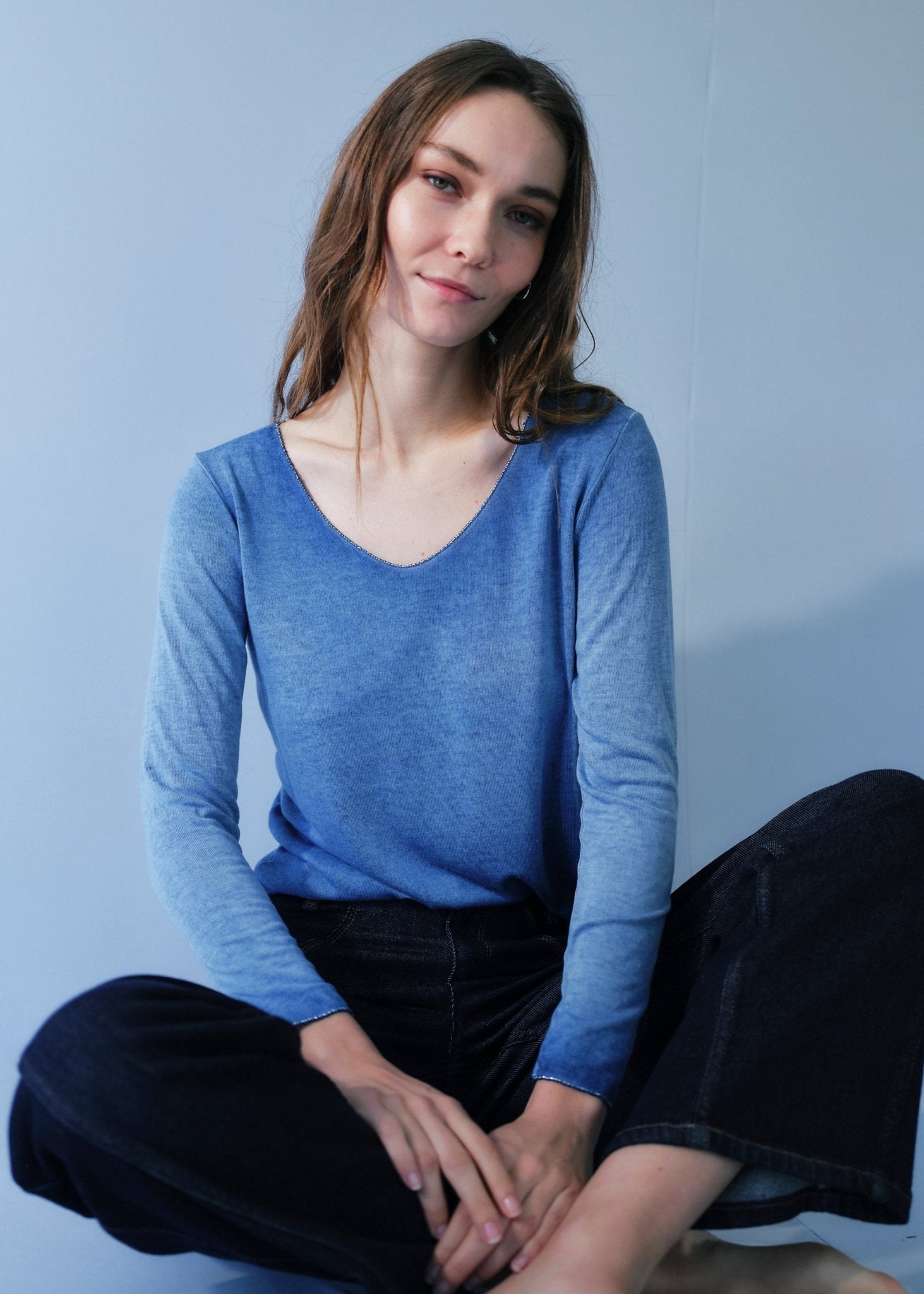 View our Italian V Neck Knit with Shimmer Edge in Marine Blue - by Tribute Store