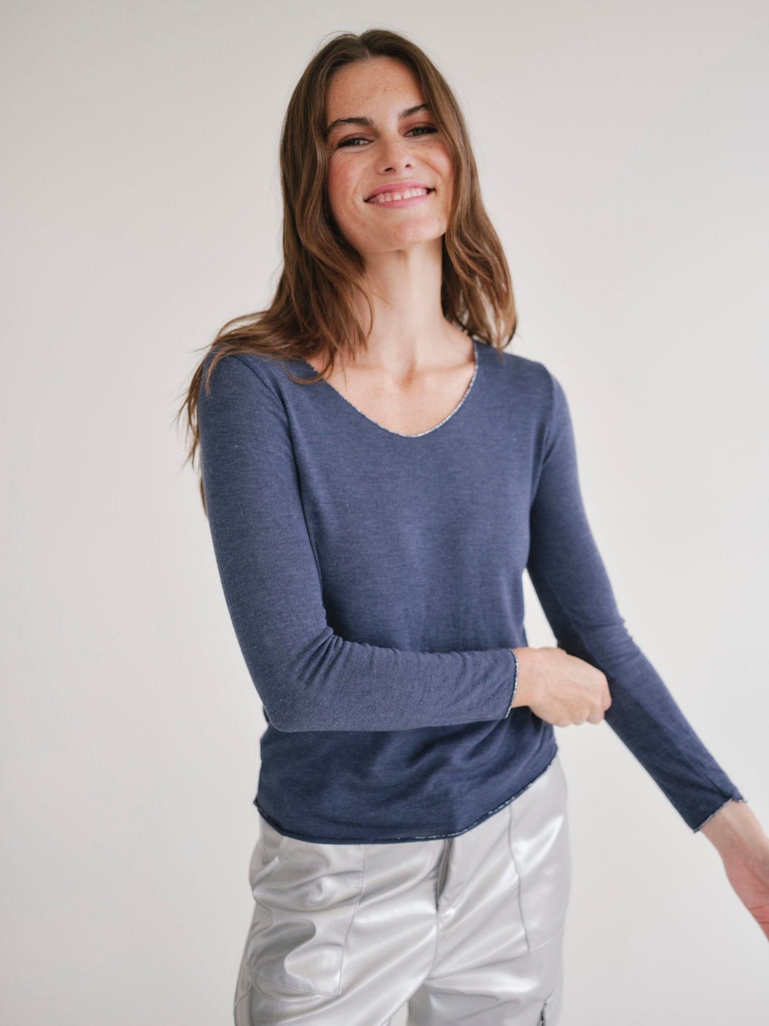 View our Italian V Neck Knit with Shimmer Edge in Marine Blue - by Tribute Store