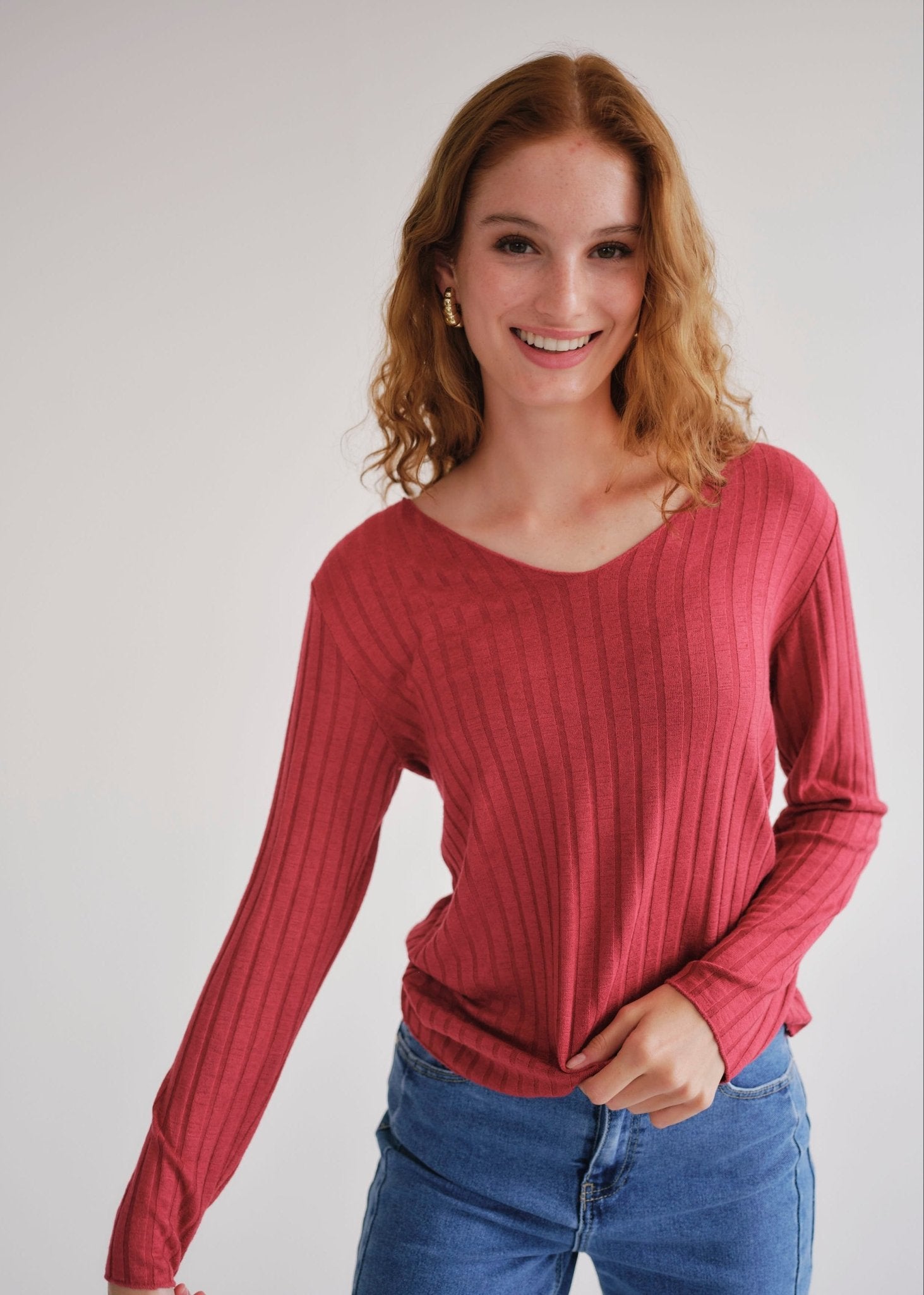 View our Italian V Neck Rib Knit in Burgundy - by Tribute Store