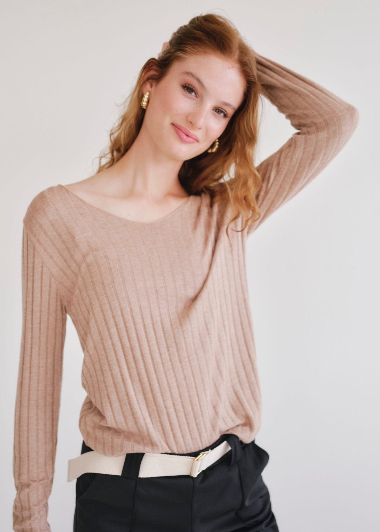 View our Italian V Neck Rib Knit in Caramel - by Tribute Store
