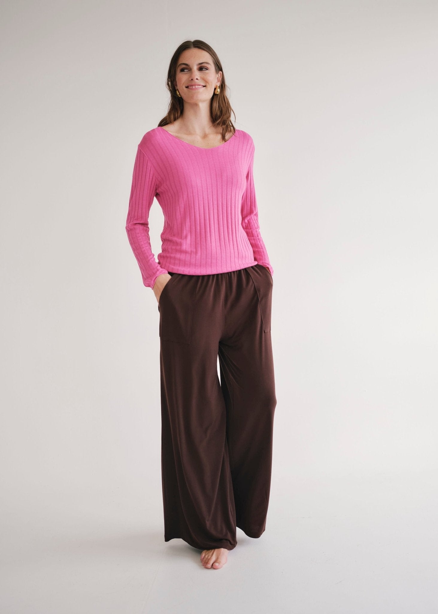 View our Italian V Neck Rib Knit in Fuchsia - by Tribute Store