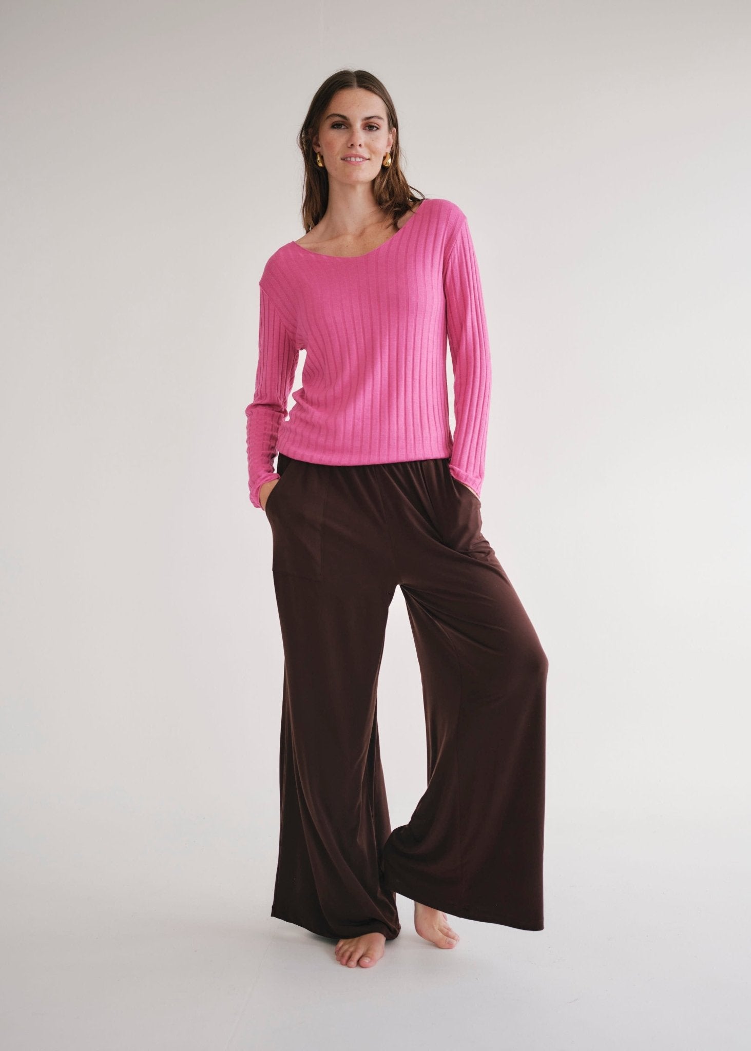 View our Italian V Neck Rib Knit in Fuchsia - by Tribute Store