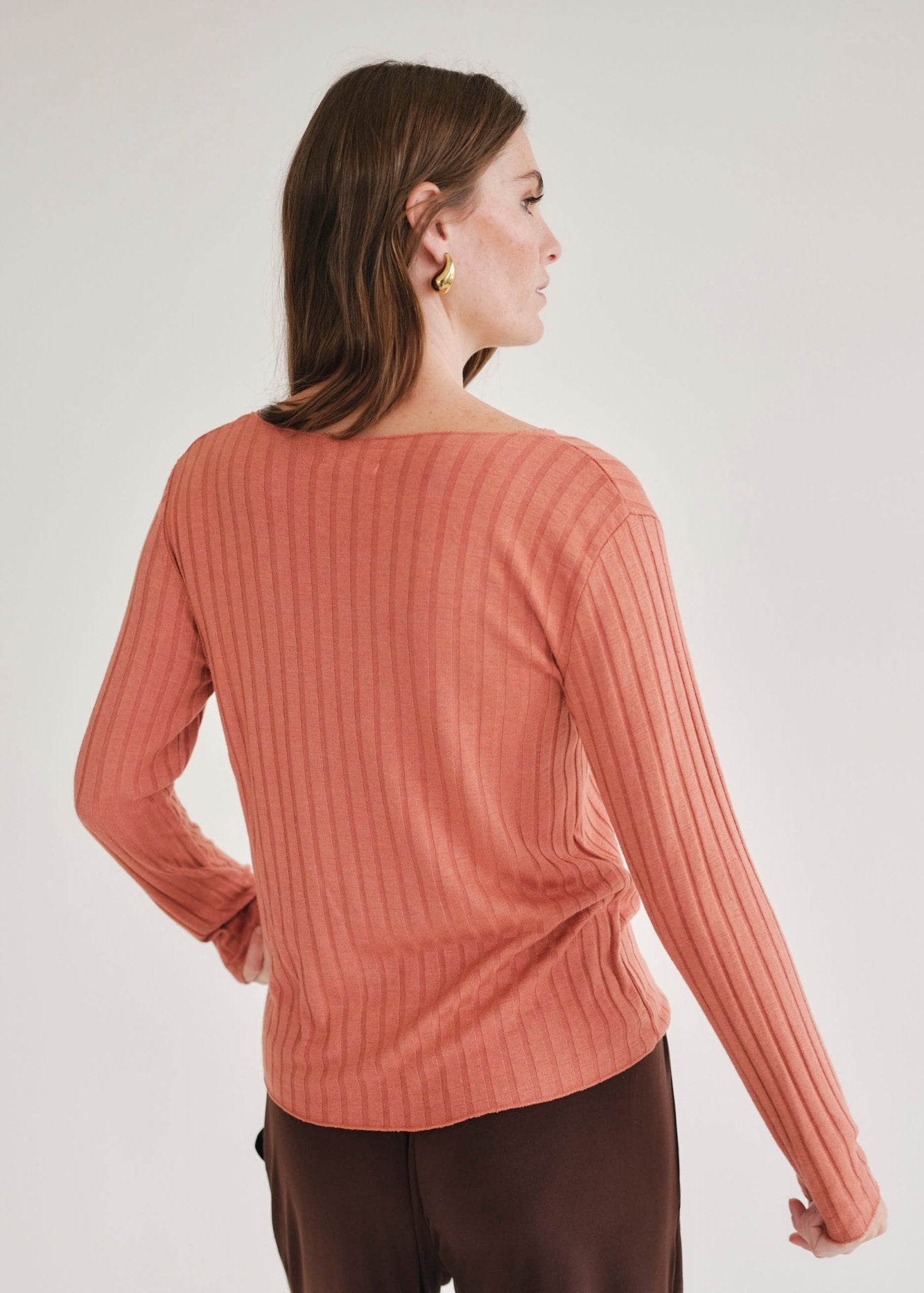 View our Italian V Neck Rib Knit in Rust - by Tribute Store