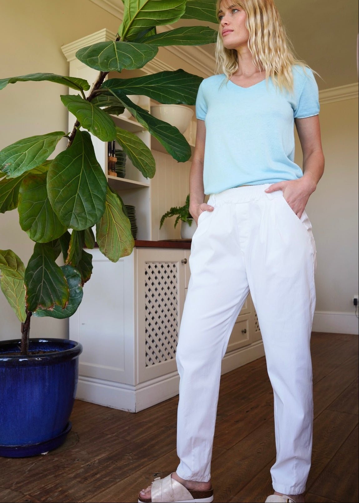 View our Italian White Pull on Summer Denim Pants - by Tribute Store